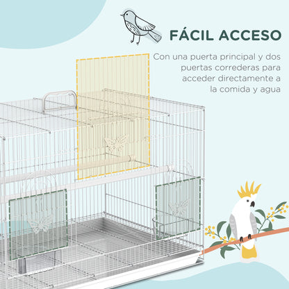 Bird Cage 60x41x41 cm Metal Birdcage with 2 Feeders 2 Perches 3 Doors and Carrying Handle for Small Birds Canaries Parrots White