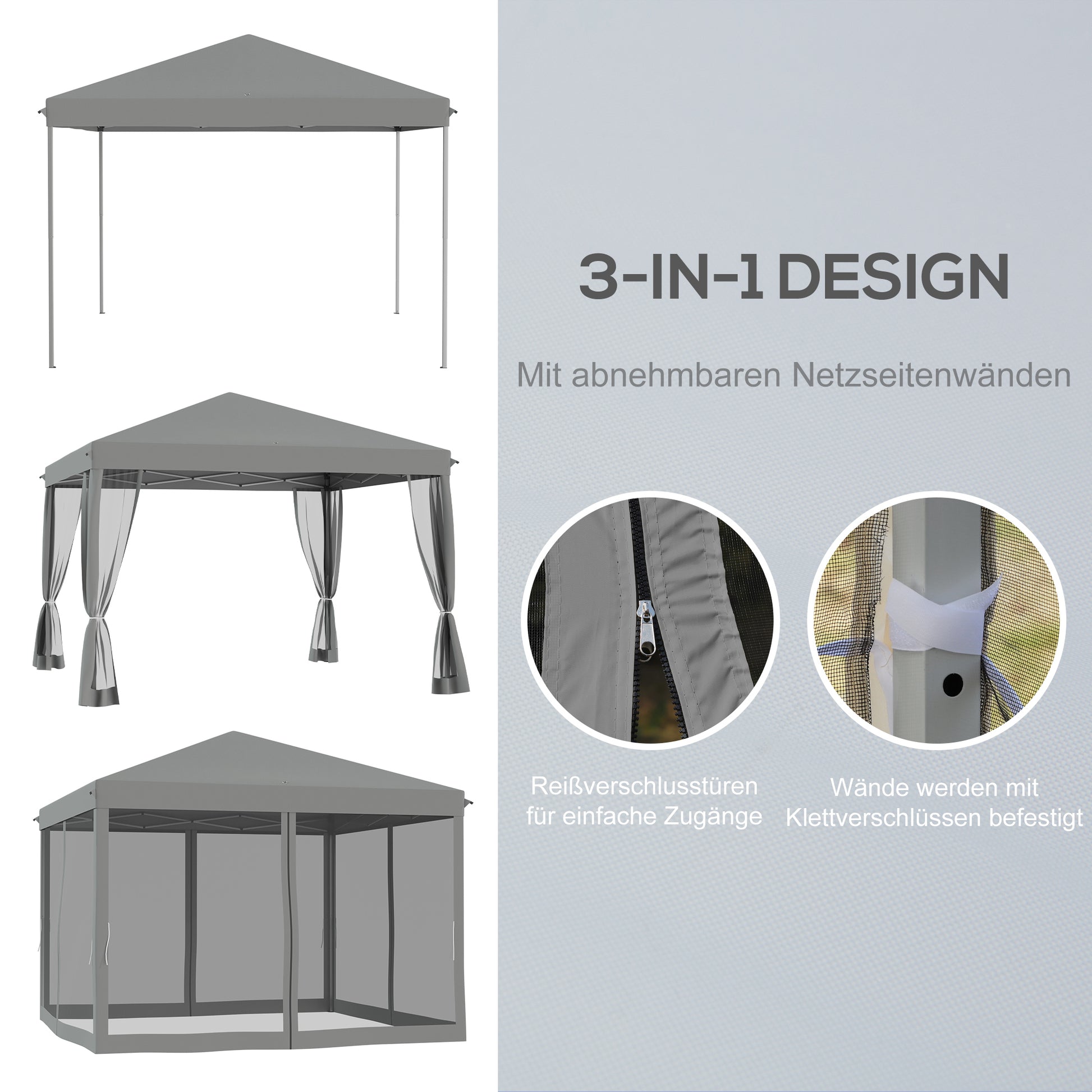 Pavilion approx. 3x3m, water-resistant Sturdy Winterproof Pop-up Folding Pavilion with UV Protection, Foldable Party Tent Garden Tent with 4 Side Panels, Bag Garden Pavilion for Camping Garden, Light Gray