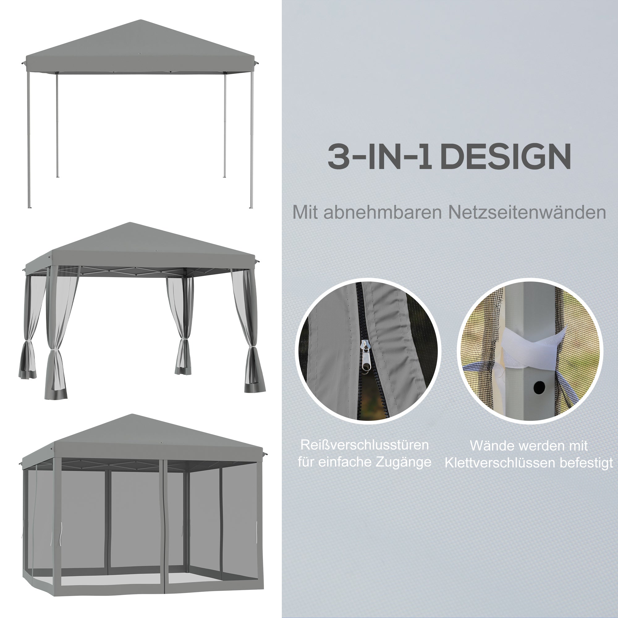 Pavilion approx. 3x3m, water-resistant Sturdy Winterproof Pop-up Folding Pavilion with UV Protection, Foldable Party Tent Garden Tent with 4 Side Panels, Bag Garden Pavilion for Camping Garden, Light Gray