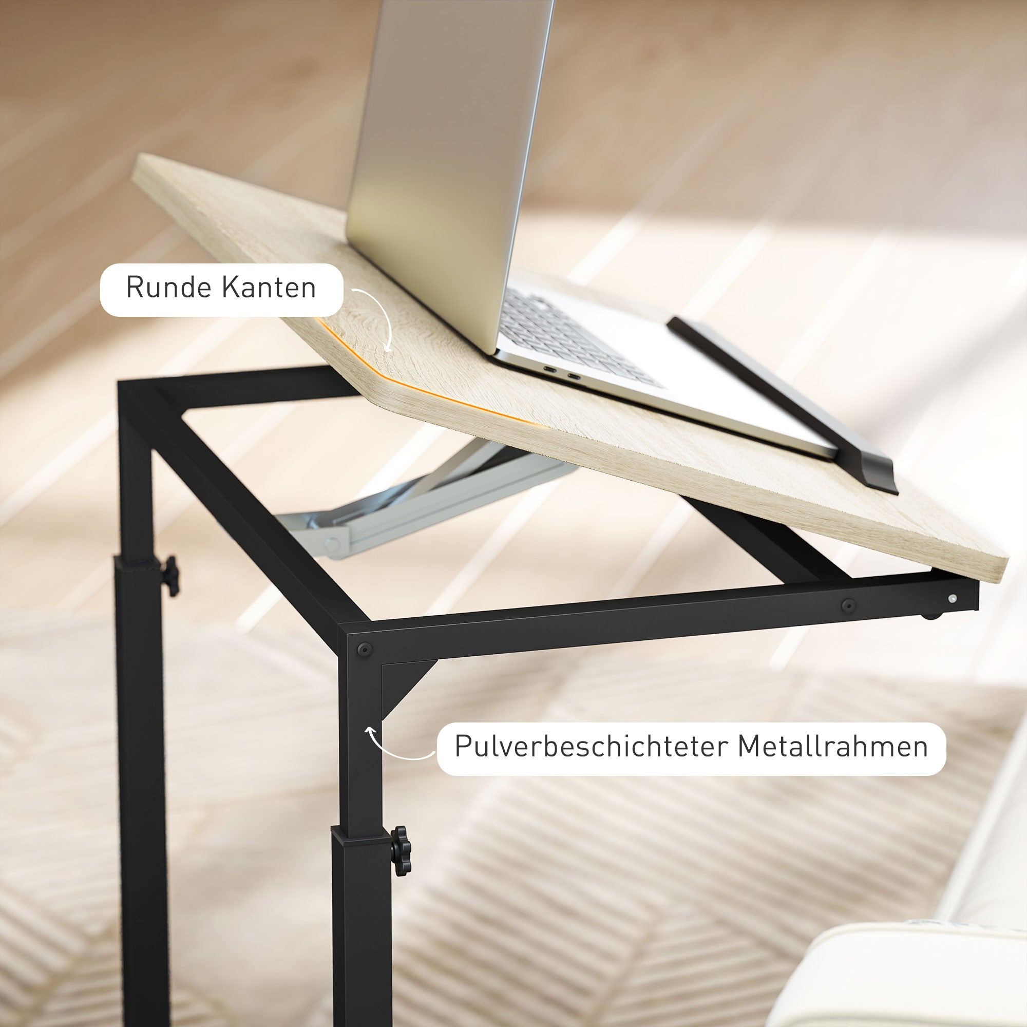 C-Shaped Side Table, Height-Adjustable Coffee Table with Wheels, Sofa End Table Laptop Desk for Small Spaces, Living Room, 55 x 36 x 62.5-82.5 cm, White