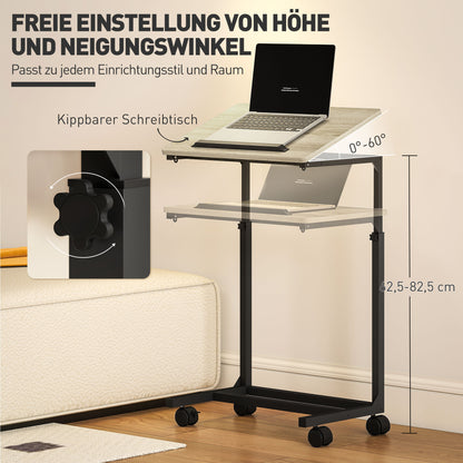 C-Shaped Side Table, Height-Adjustable Coffee Table with Wheels, Sofa End Table Laptop Desk for Small Spaces, Living Room, 55 x 36 x 62.5-82.5 cm, White