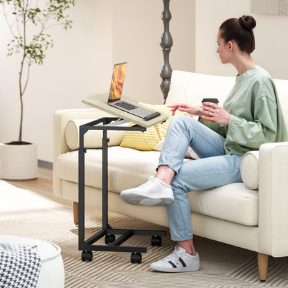 C-Shaped Side Table, Height-Adjustable Coffee Table with Wheels, Sofa End Table Laptop Desk for Small Spaces, Living Room, 55 x 36 x 62.5-82.5 cm, White