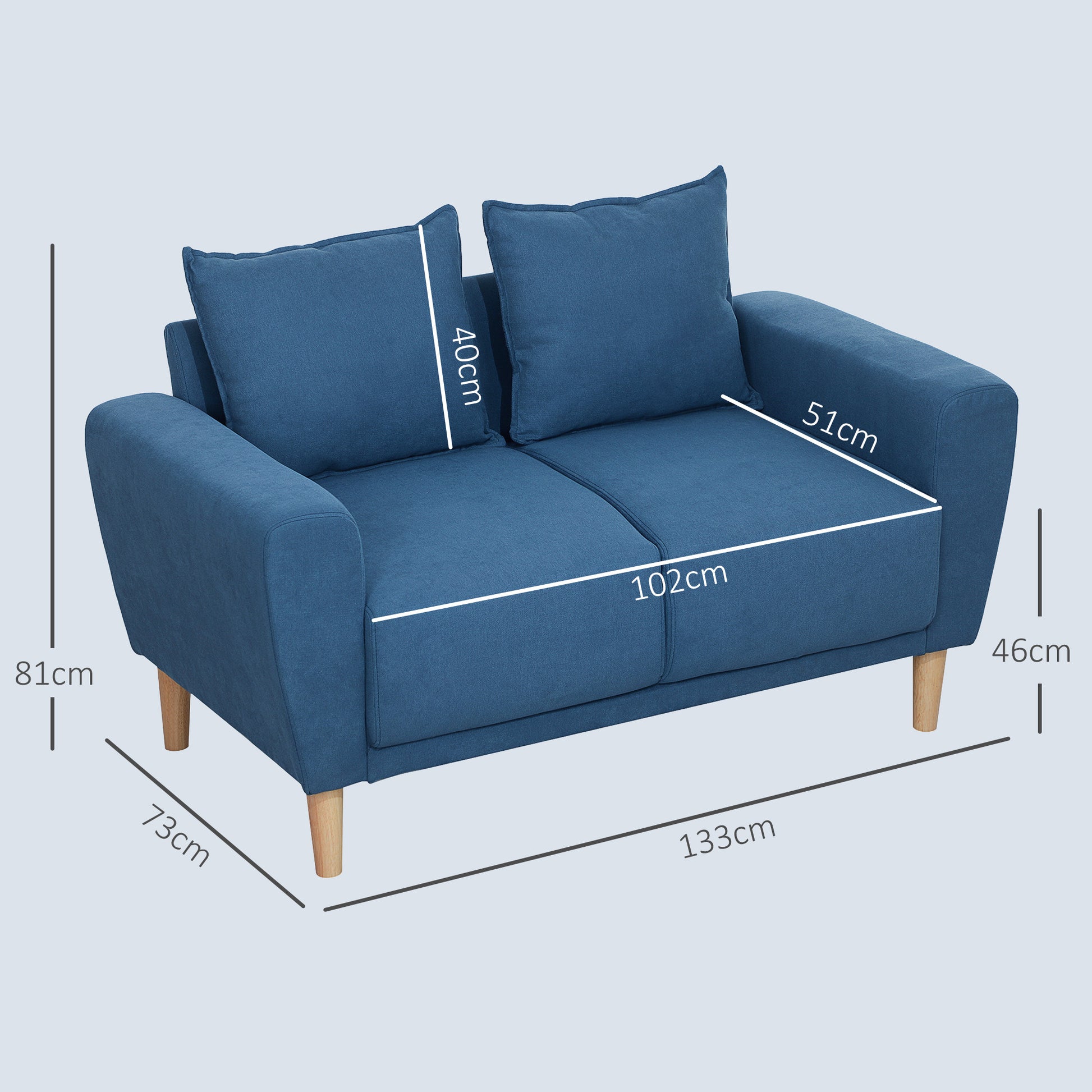 Two-Seater Sofa with 2 Pillows, Upholstered Sofa with 51cm Extra Deep Seats, Velvet Double Sofa with Wooden Frame 2-Seater Couch for Living Room Bedroom Office, 133 x 73 x 81 cm, Blue