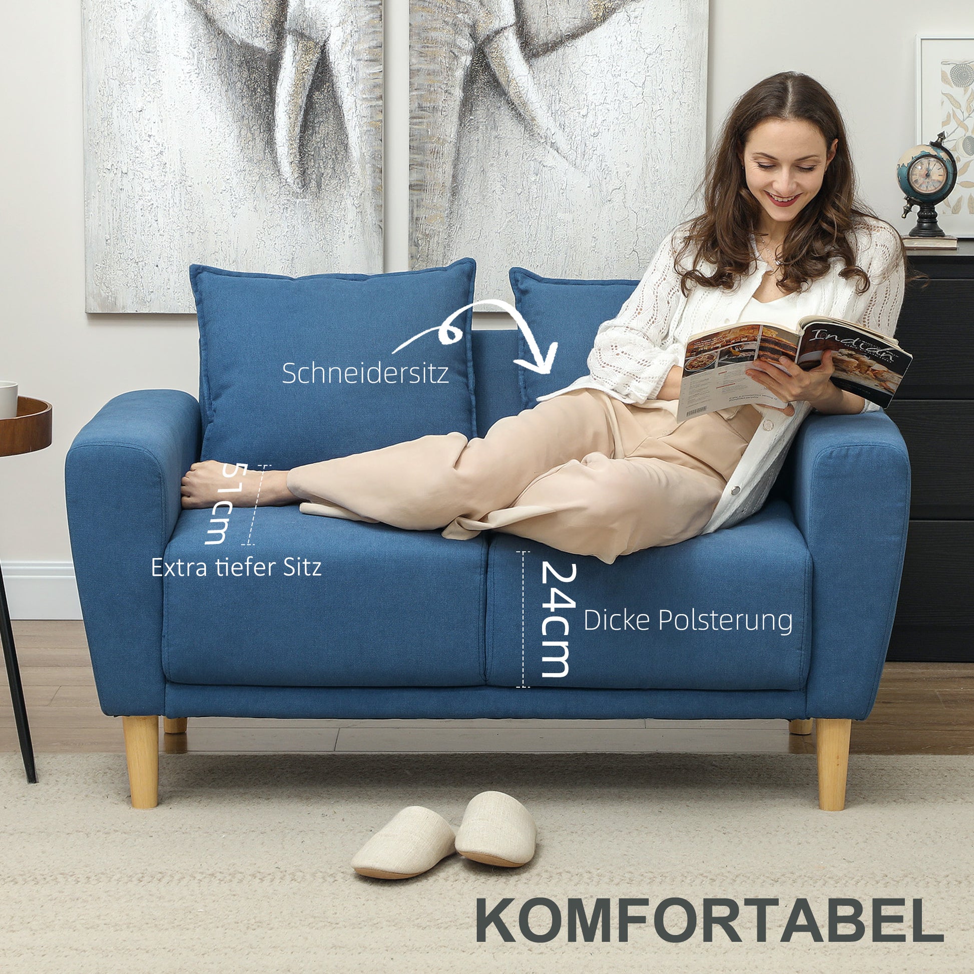 Two-Seater Sofa with 2 Pillows, Upholstered Sofa with 51cm Extra Deep Seats, Velvet Double Sofa with Wooden Frame 2-Seater Couch for Living Room Bedroom Office, 133 x 73 x 81 cm, Blue