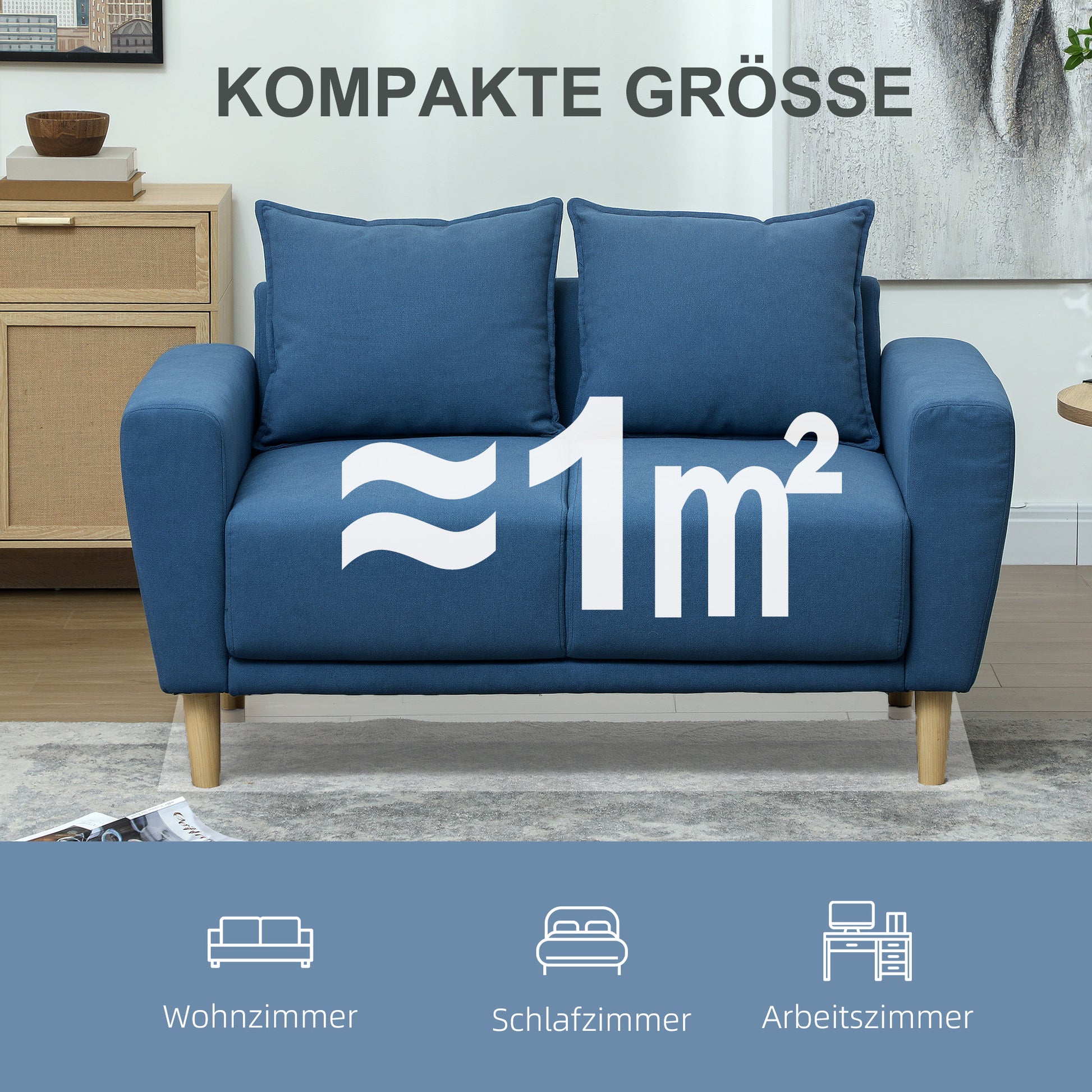Two-Seater Sofa with 2 Pillows, Upholstered Sofa with 51cm Extra Deep Seats, Velvet Double Sofa with Wooden Frame 2-Seater Couch for Living Room Bedroom Office, 133 x 73 x 81 cm, Blue
