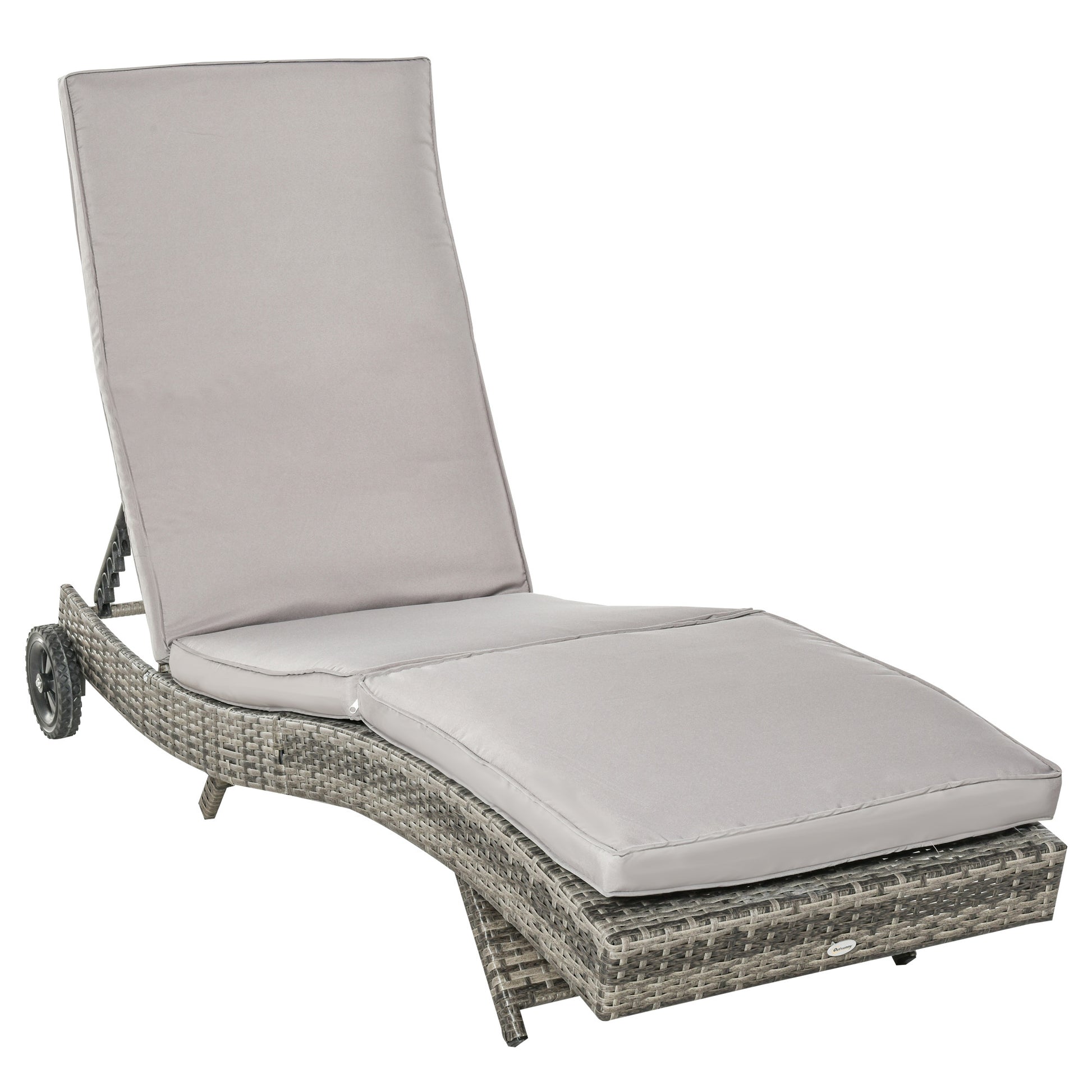 Rattan Reclining Garden Lounger S-Shaped Lounger with 2 Wheels Adjustable Backrest in 5 Positions and Removable Cushion for Patio Terrace 207x70x70 cm Light Gray