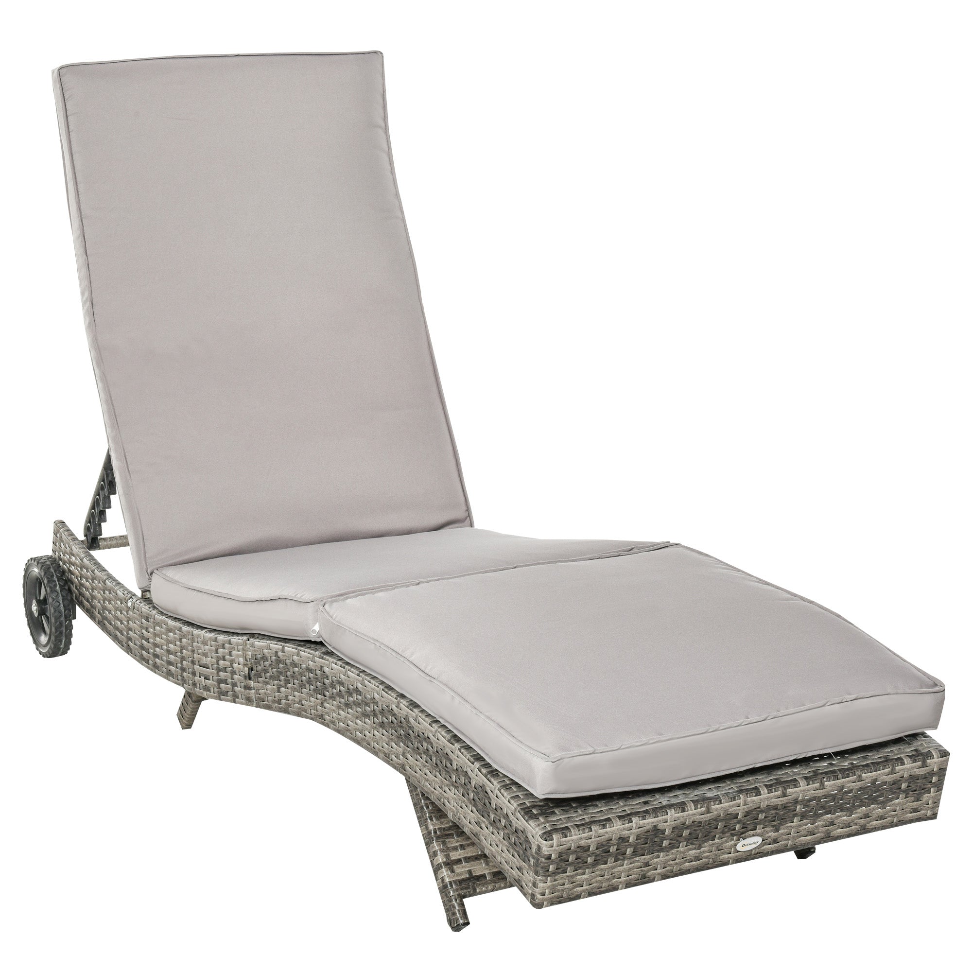 Rattan Reclining Garden Lounger S-Shaped Lounger with 2 Wheels Adjustable Backrest in 5 Positions and Removable Cushion for Patio Terrace 207x70x70 cm Light Gray