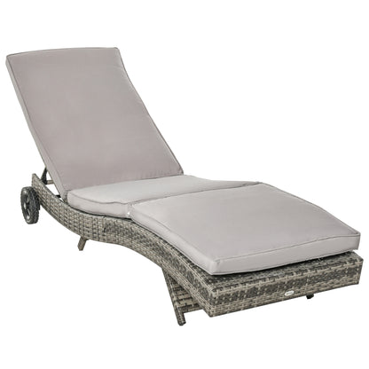 Rattan Reclining Garden Lounger S-Shaped Lounger with 2 Wheels Adjustable Backrest in 5 Positions and Removable Cushion for Patio Terrace 207x70x70 cm Light Gray