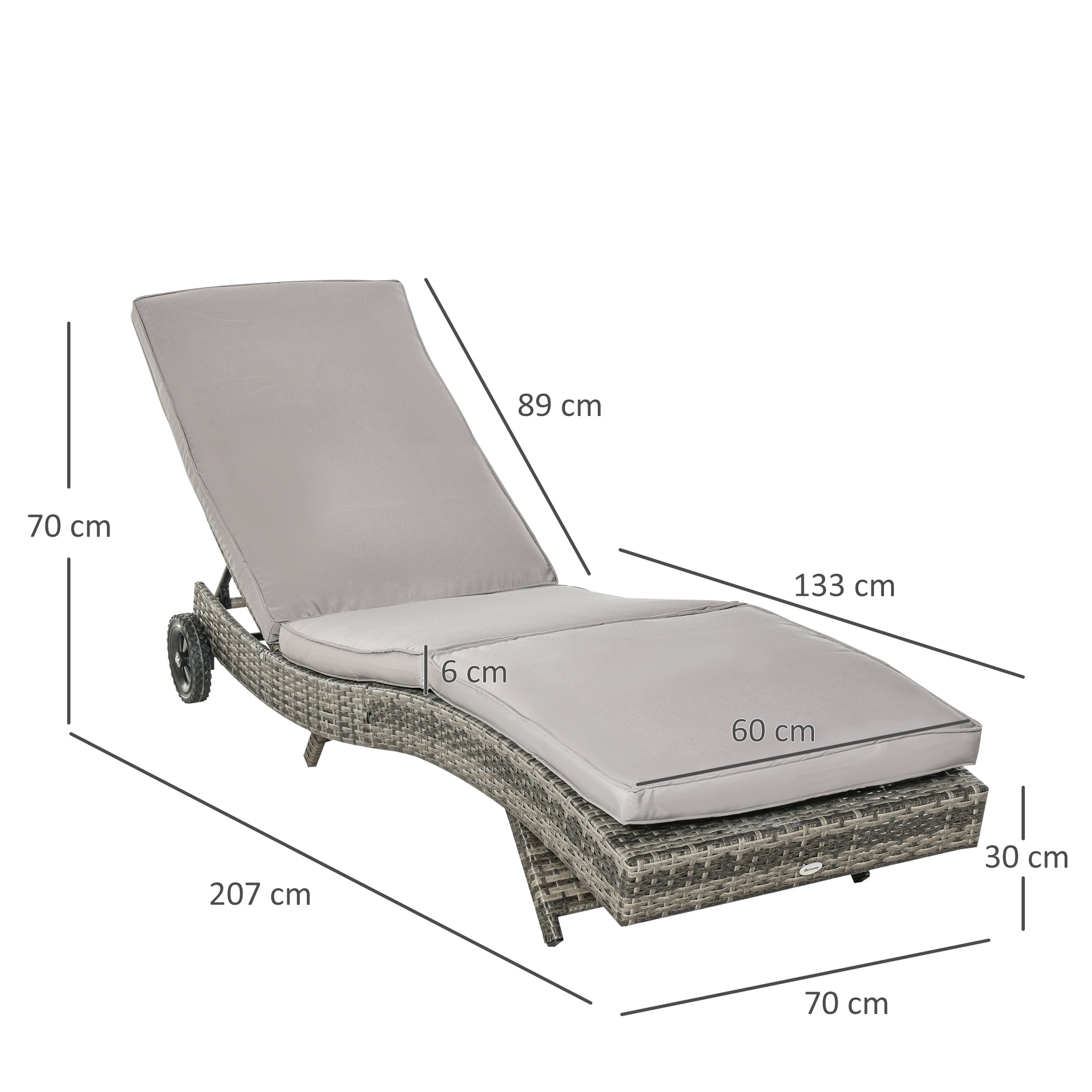 Rattan Reclining Garden Lounger S-Shaped Lounger with 2 Wheels Adjustable Backrest in 5 Positions and Removable Cushion for Patio Terrace 207x70x70 cm Light Gray