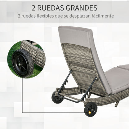 Rattan Reclining Garden Lounger S-Shaped Lounger with 2 Wheels Adjustable Backrest in 5 Positions and Removable Cushion for Patio Terrace 207x70x70 cm Light Gray