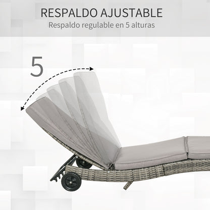 Rattan Reclining Garden Lounger S-Shaped Lounger with 2 Wheels Adjustable Backrest in 5 Positions and Removable Cushion for Patio Terrace 207x70x70 cm Light Gray
