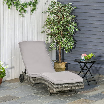 Rattan Reclining Garden Lounger S-Shaped Lounger with 2 Wheels Adjustable Backrest in 5 Positions and Removable Cushion for Patio Terrace 207x70x70 cm Light Gray
