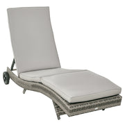 Rattan Reclining Garden Lounger S-Shaped Lounger with 2 Wheels Adjustable Backrest in 5 Positions and Removable Cushion for Patio Terrace 207x70x70 cm Light Gray