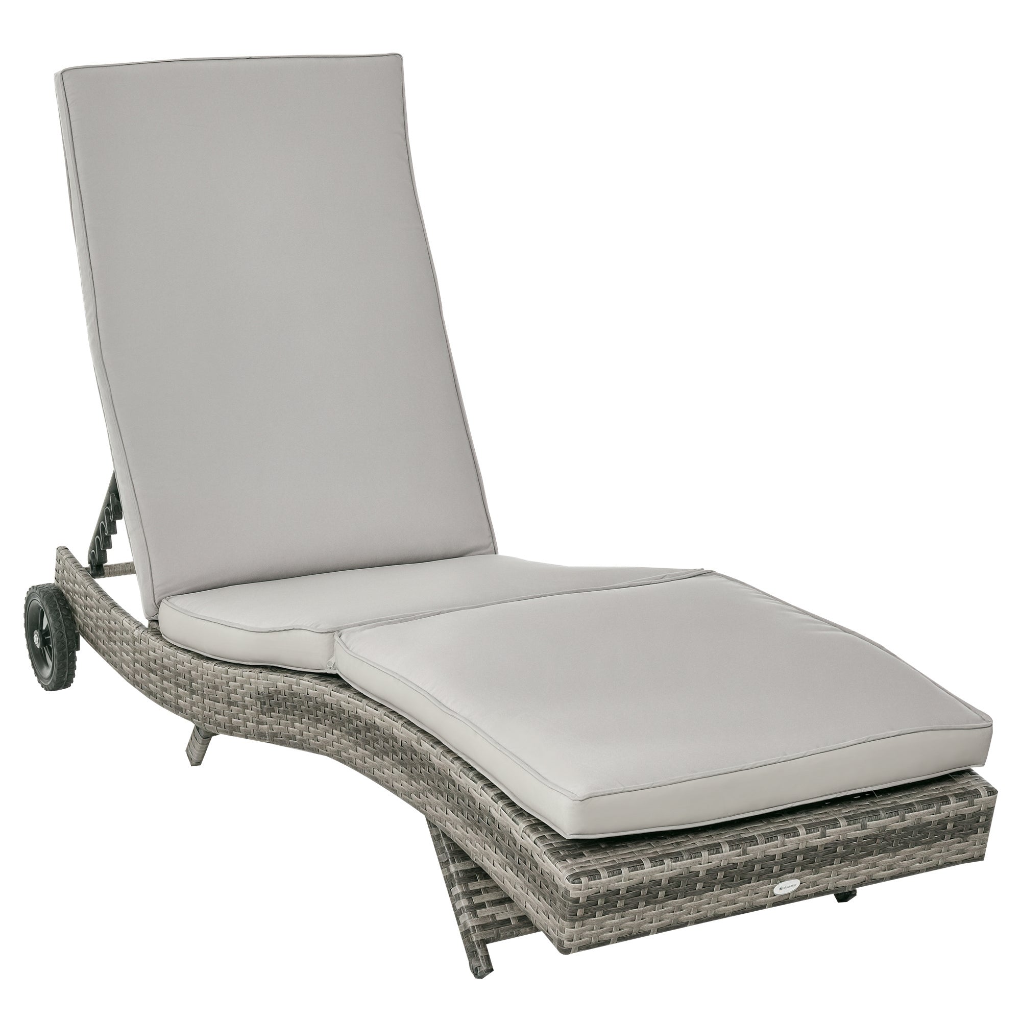 Rattan Reclining Garden Lounger S-Shaped Lounger with 2 Wheels Adjustable Backrest in 5 Positions and Removable Cushion for Patio Terrace 207x70x70 cm Light Gray