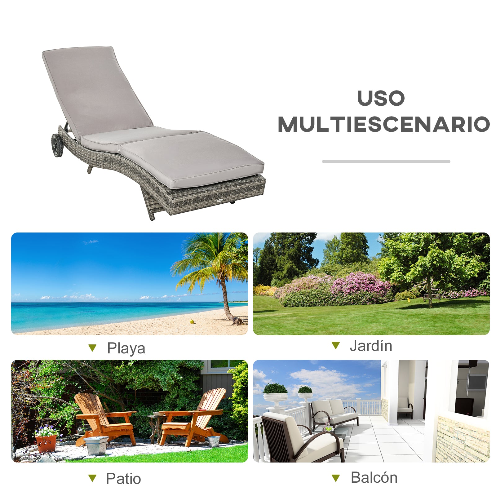 Rattan Reclining Garden Lounger S-Shaped Lounger with 2 Wheels Adjustable Backrest in 5 Positions and Removable Cushion for Patio Terrace 207x70x70 cm Light Gray