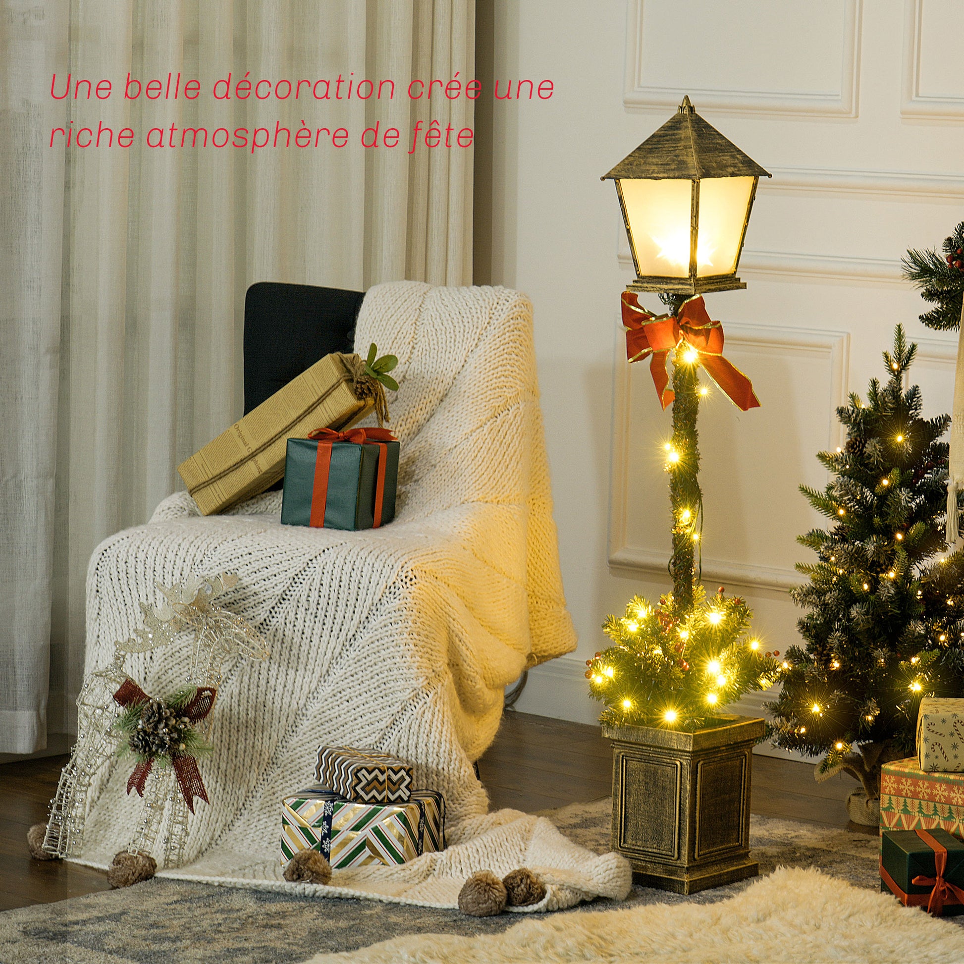 1.25m LED Christmas Lamp Post with Red Berries and Bow Ornament Decoration for Indoor and Outdoor, Green