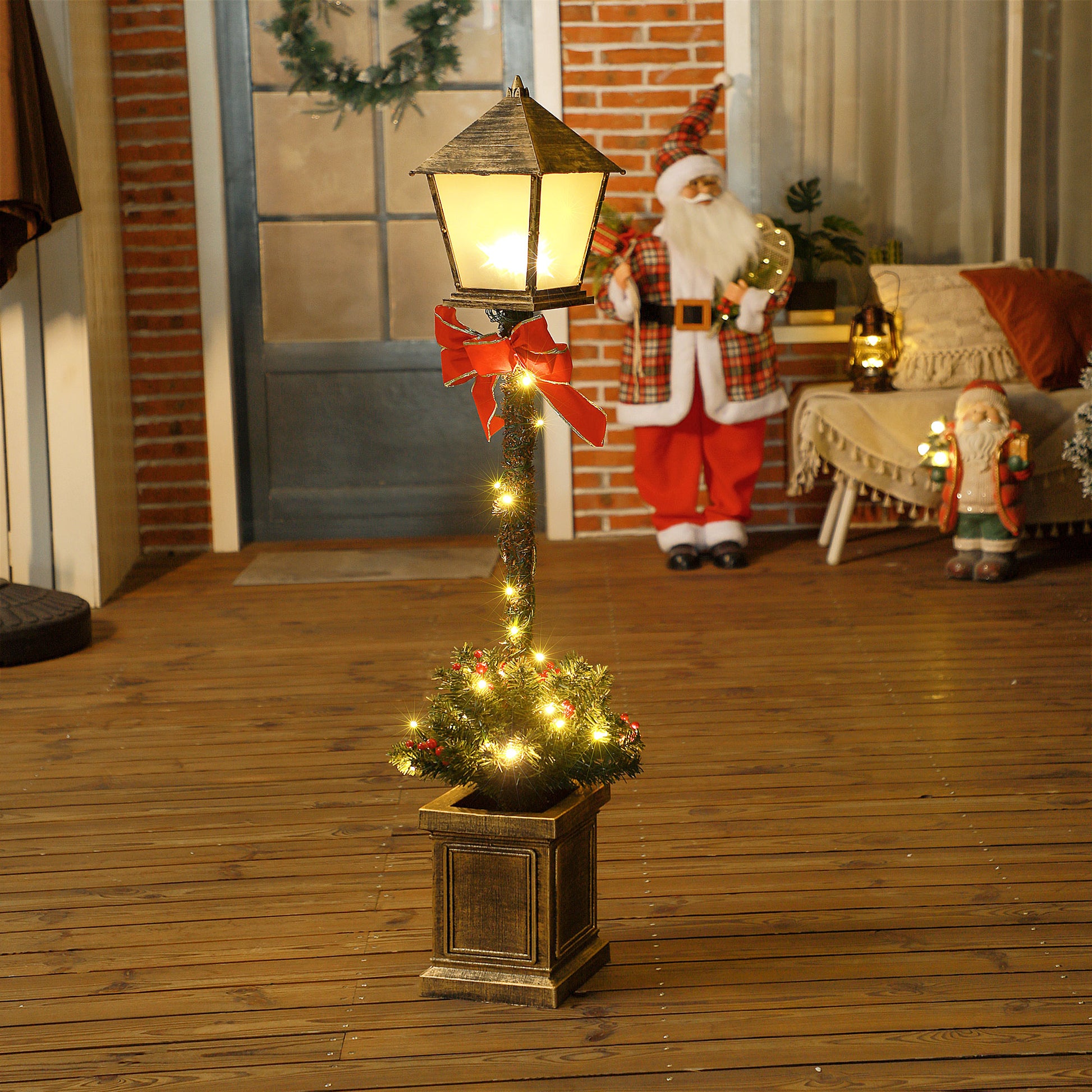 1.25m LED Christmas Lamp Post with Red Berries and Bow Ornament Decoration for Indoor and Outdoor, Green