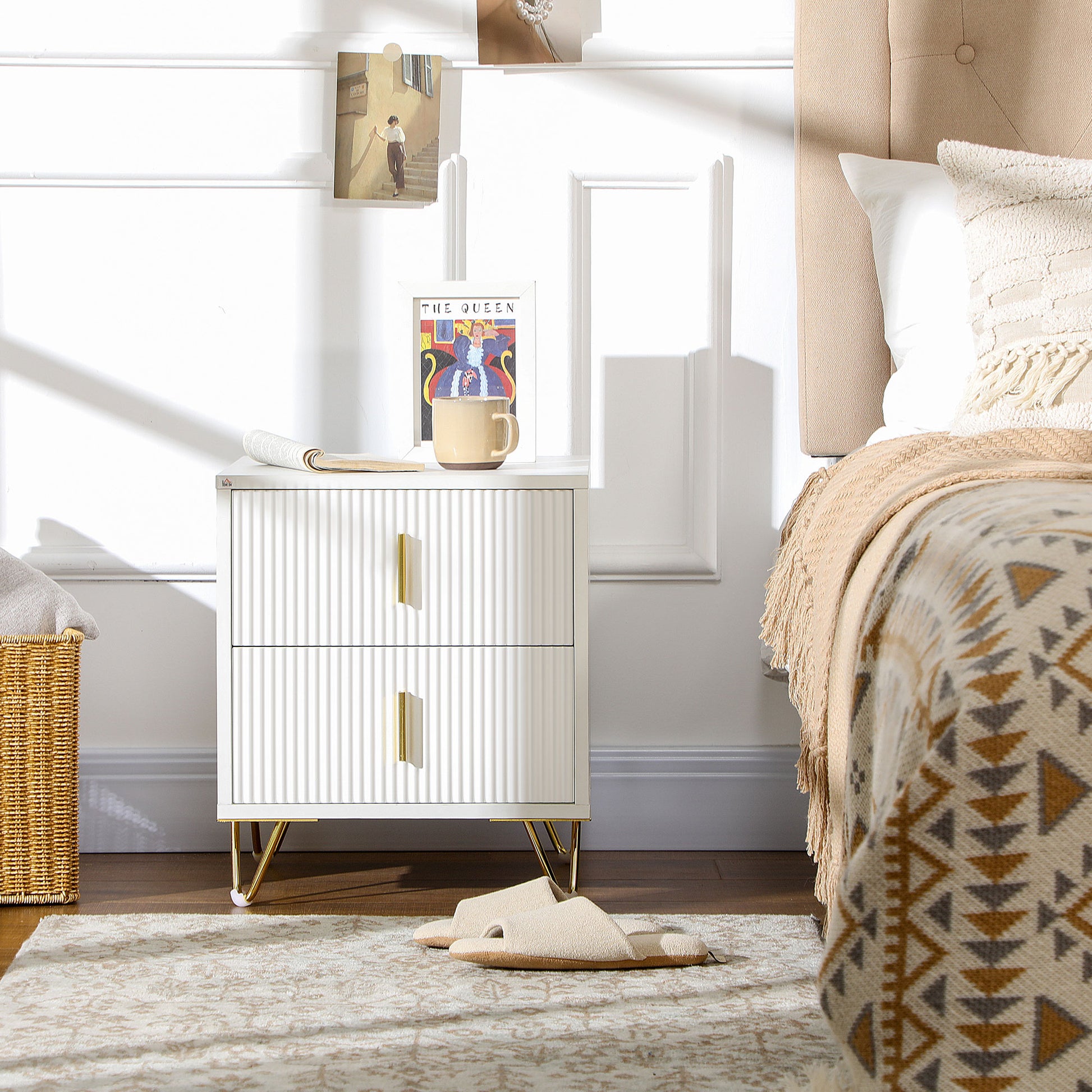 Nightstand with 2 Drawers Bedside Table Side Table with Metal Legs for Living Room Bedroom 40 kg Load Capacity 40x40x47 cm White