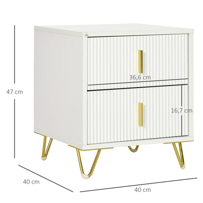 Nightstand with 2 Drawers Bedside Table Side Table with Metal Legs for Living Room Bedroom 40 kg Load Capacity 40x40x47 cm White