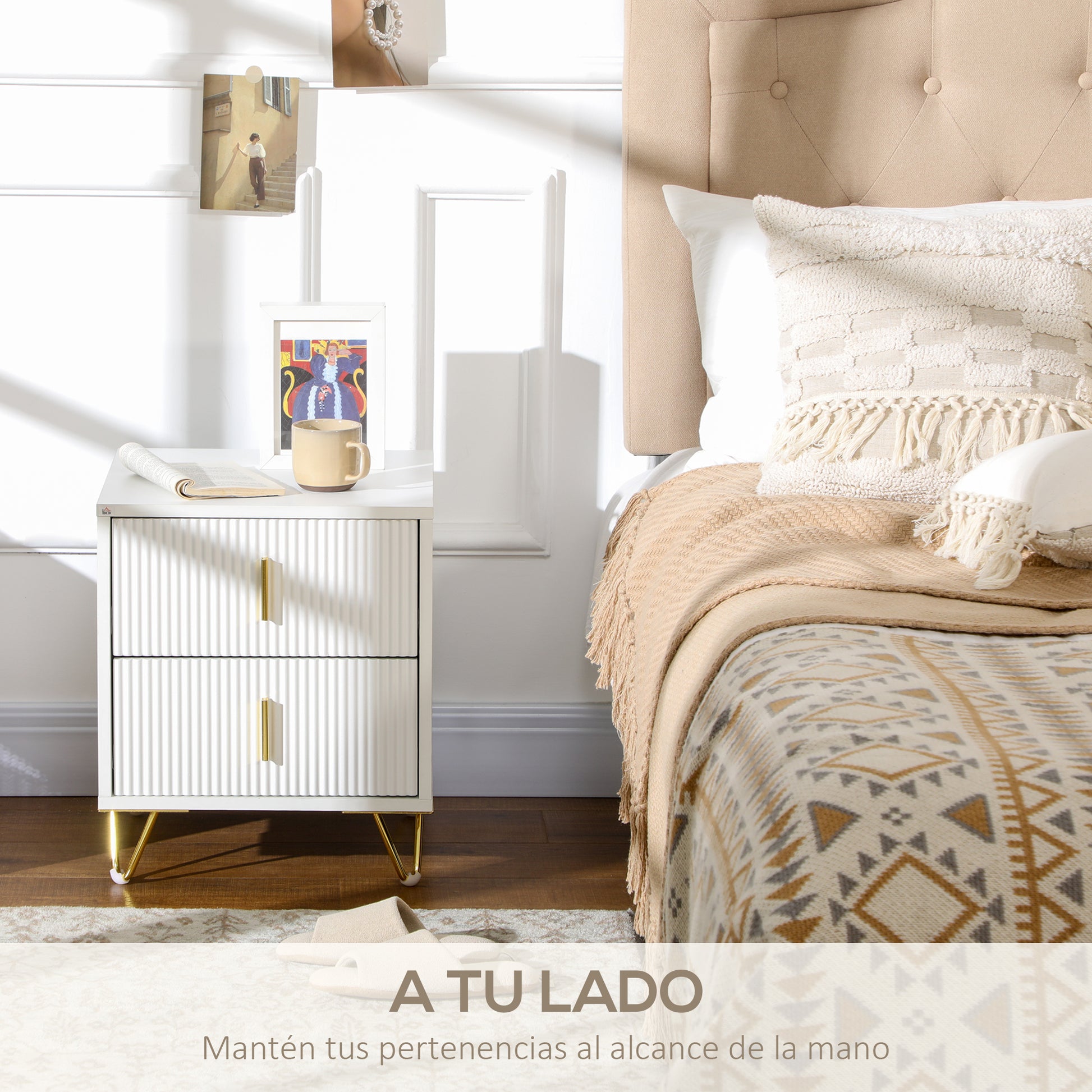 Nightstand with 2 Drawers Bedside Table Side Table with Metal Legs for Living Room Bedroom 40 kg Load Capacity 40x40x47 cm White