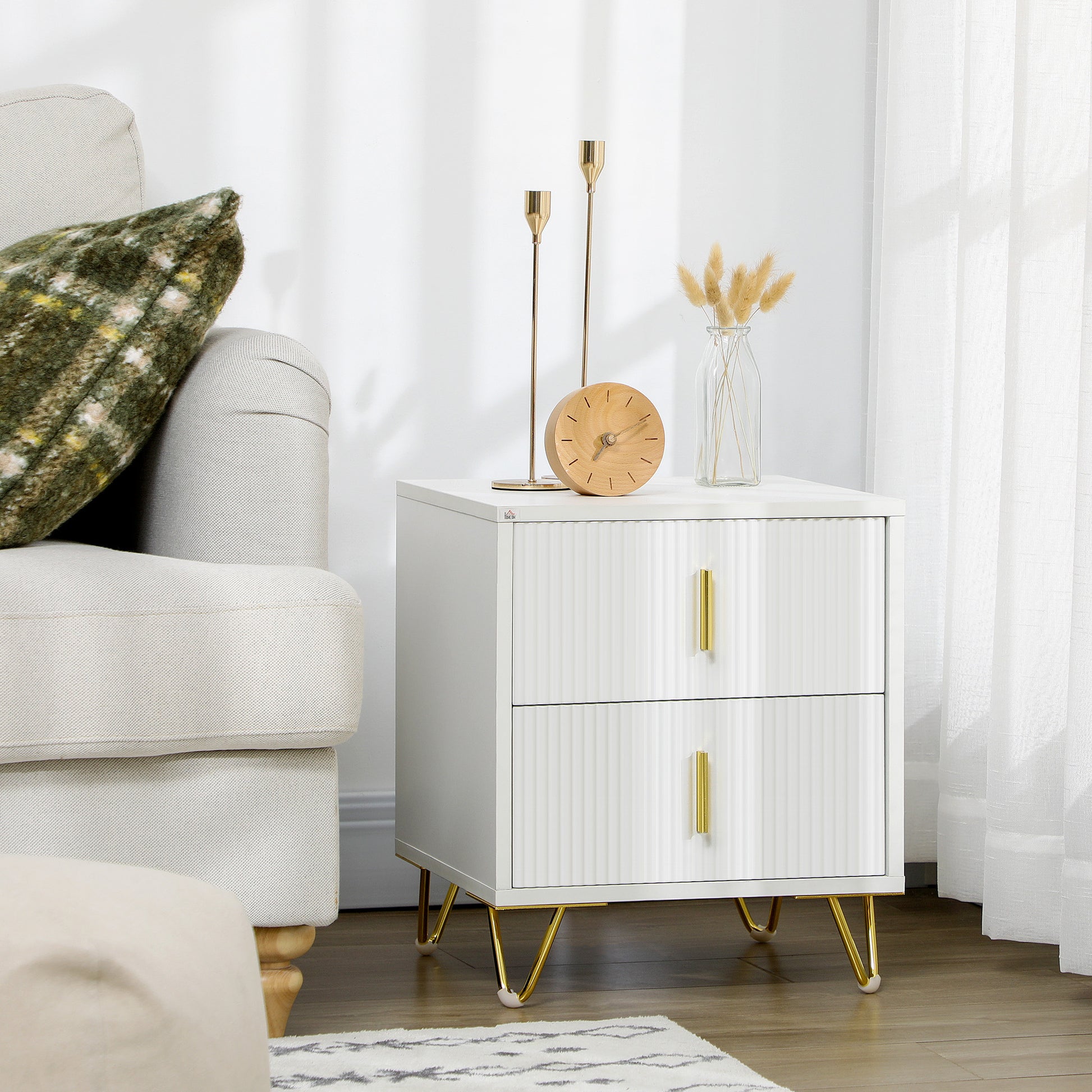 Nightstand with 2 Drawers Bedside Table Side Table with Metal Legs for Living Room Bedroom 40 kg Load Capacity 40x40x47 cm White