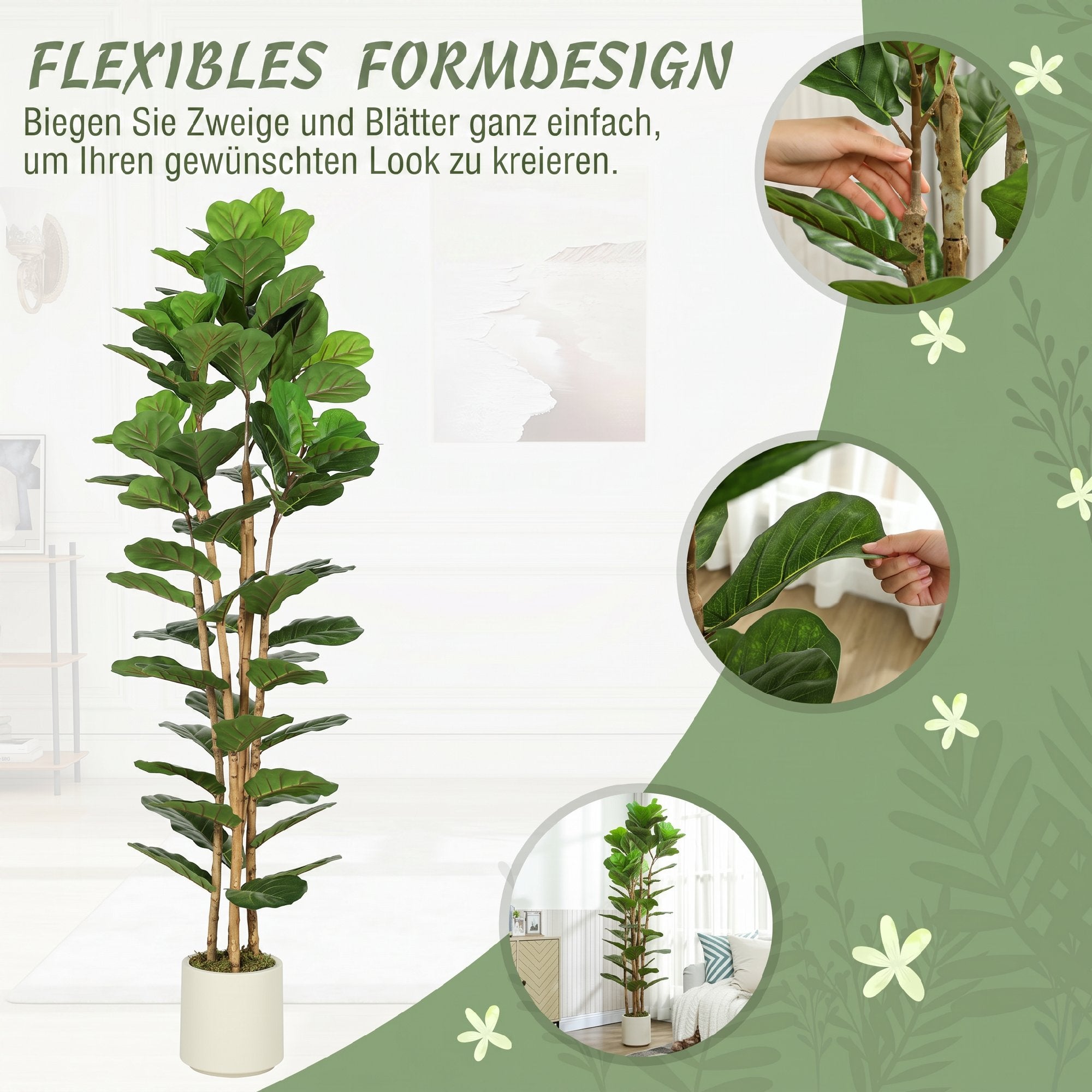 Artificial Fiddle Leaf Fig Tree, 180 cm (71 in), 91 Leaves, Solid Wood Trunk, Potted Realistic Plastic Plant for Living Room, Bedroom, Office, Garden Décor