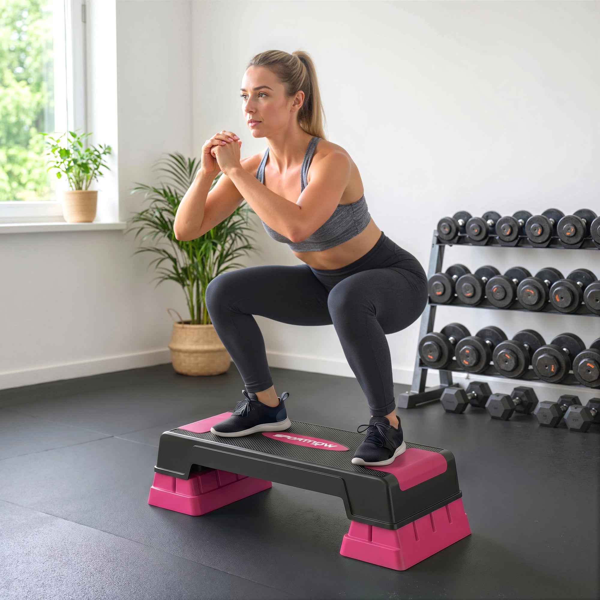 SPORTNOW Aerobic Step — Non-Slip Adjustable Stepper for Fitness (4.7/6.9/8.9 in), Sturdy Base, 551 lb Capacity for Home Gym — Pink