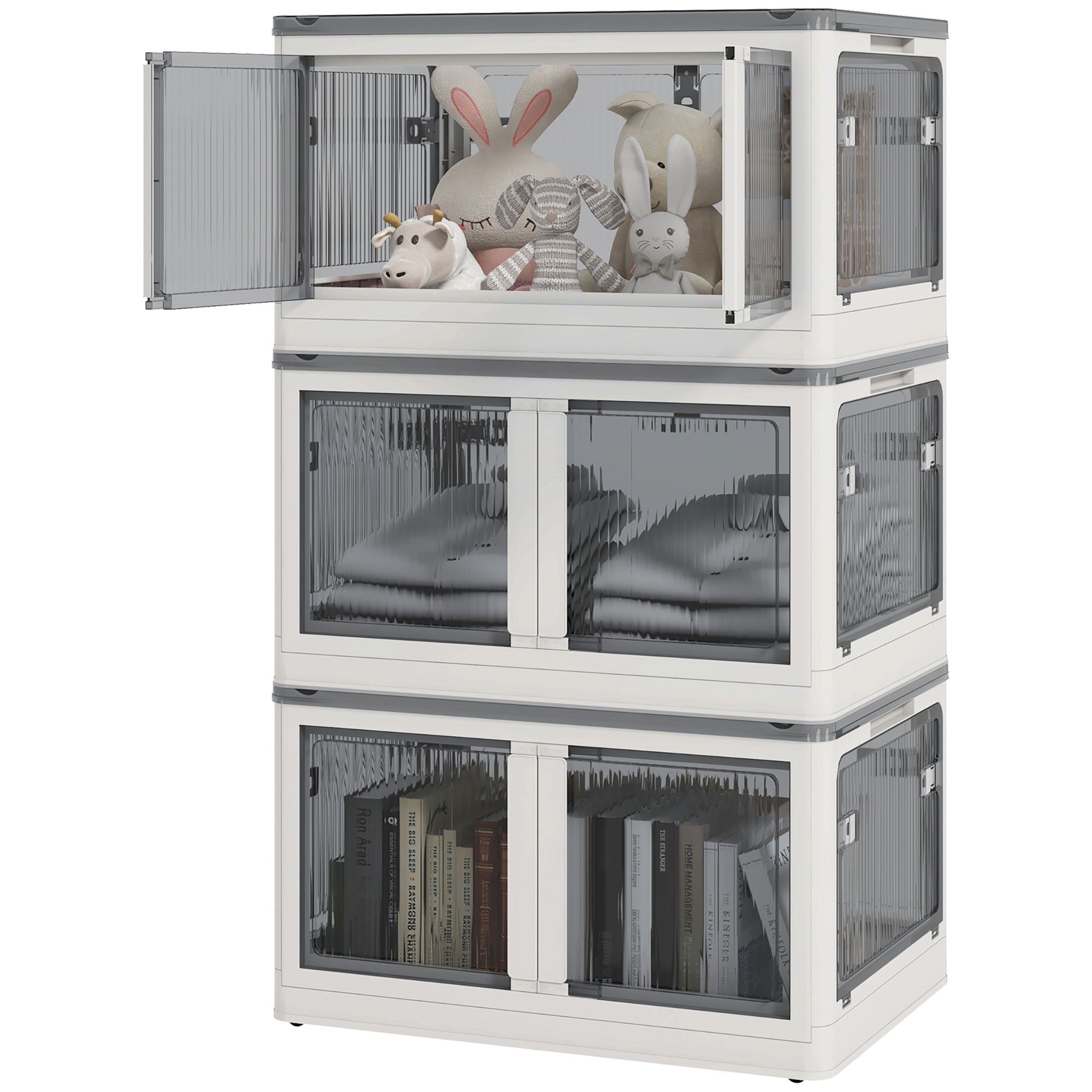 Plastic Storage Box 3-Piece Set with Wheels Foldable Bins Storage Stackable Wardrobe Organizer for Toys, Clothes, Books White, 60cm x 42cm x 34cm