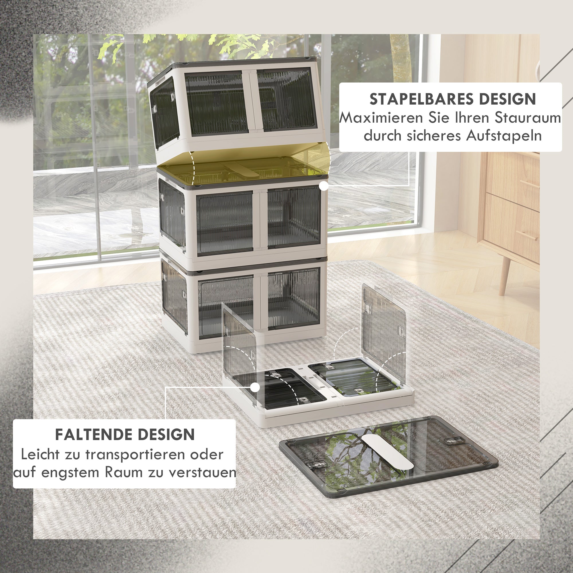Plastic Storage Box 3-Piece Set with Wheels Foldable Bins Storage Stackable Wardrobe Organizer for Toys, Clothes, Books White, 60cm x 42cm x 34cm