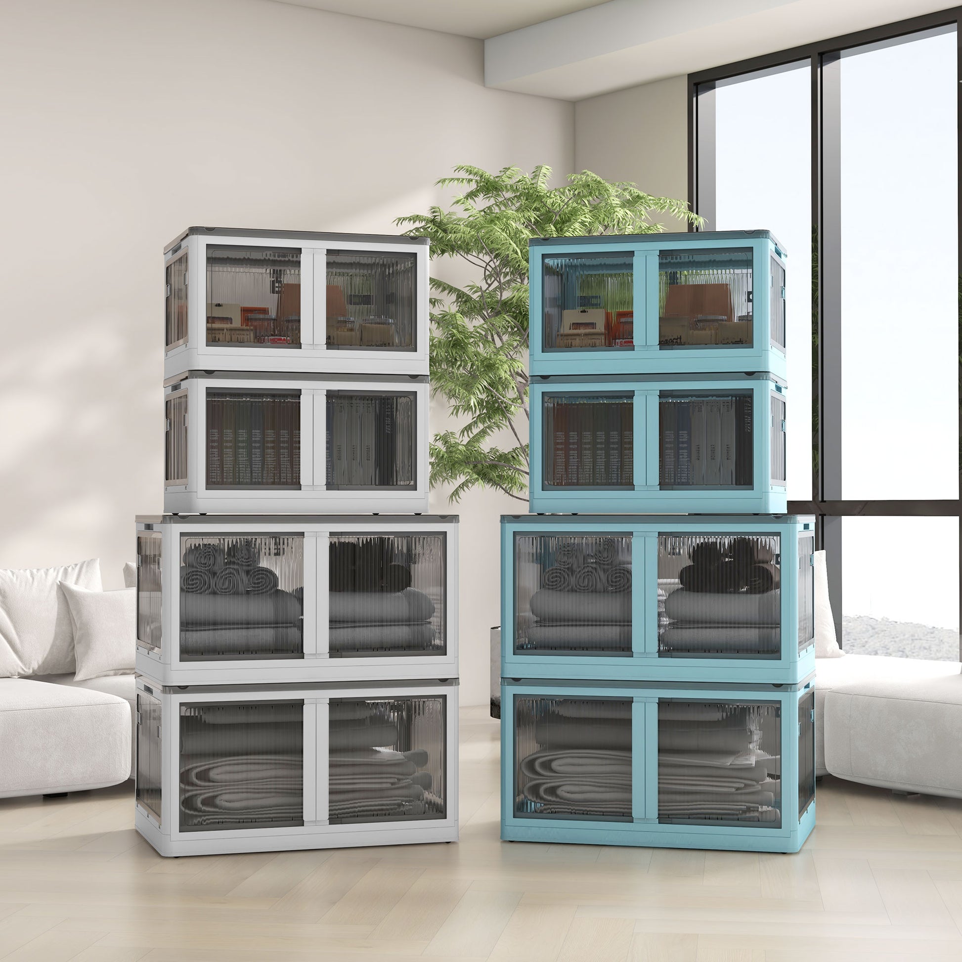 Plastic Storage Box 3-Piece Set with Wheels Foldable Bins Storage Stackable Wardrobe Organizer for Toys, Clothes, Books White, 60cm x 42cm x 34cm