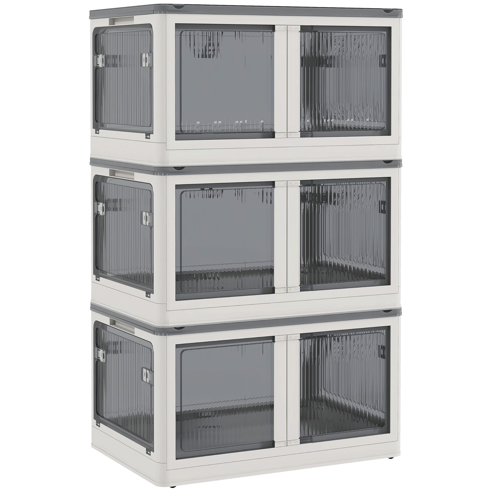 Plastic Storage Box 3-Piece Set with Wheels Foldable Bins Storage Stackable Wardrobe Organizer for Toys, Clothes, Books White, 60cm x 42cm x 34cm