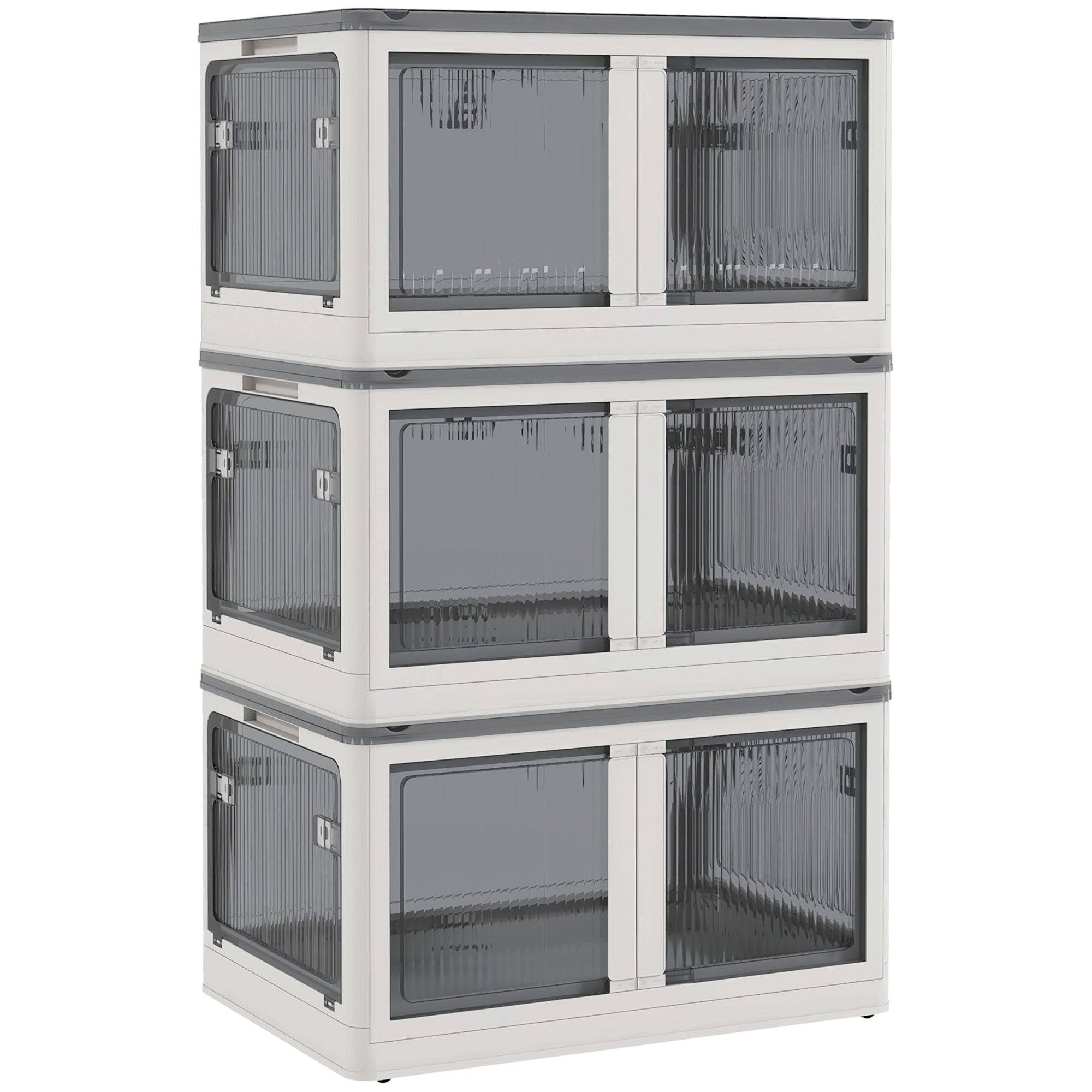 Plastic Storage Box 3-Piece Set with Wheels Foldable Bins Storage Stackable Wardrobe Organizer for Toys, Clothes, Books White, 60cm x 42cm x 34cm