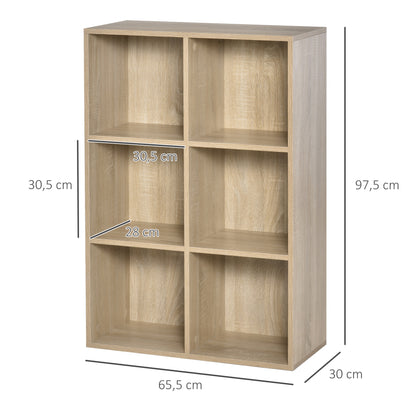 Bookshelf Wood Shelves 3-Tier with 6 Storage Cubes for Living Room Bedroom Office 65.5x30x97.5 cm Oak