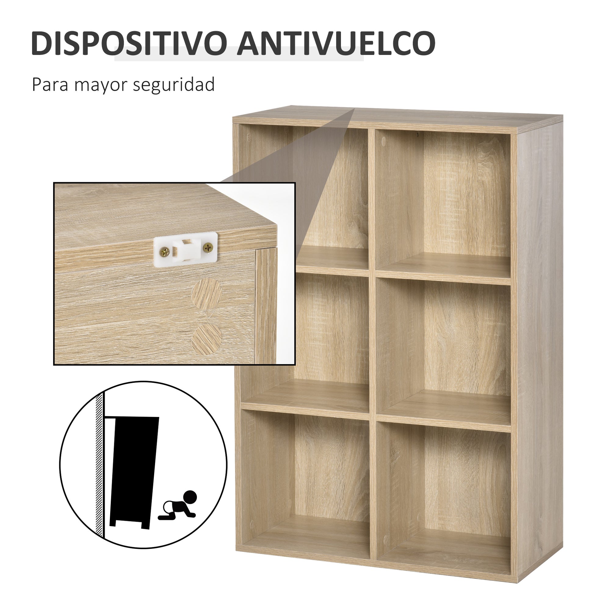 Bookshelf Wood Shelves 3-Tier with 6 Storage Cubes for Living Room Bedroom Office 65.5x30x97.5 cm Oak