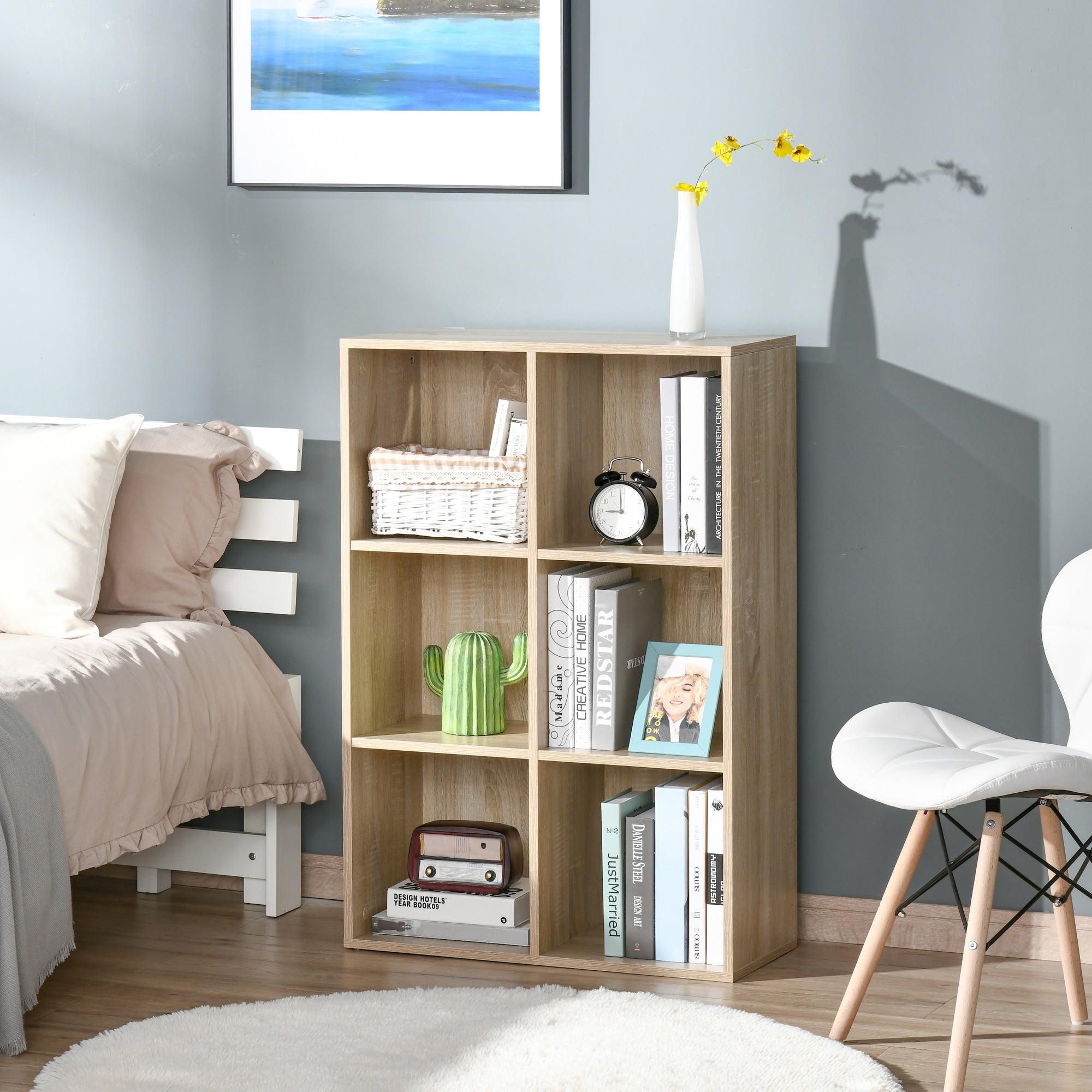 Bookshelf Wood Shelves 3-Tier with 6 Storage Cubes for Living Room Bedroom Office 65.5x30x97.5 cm Oak