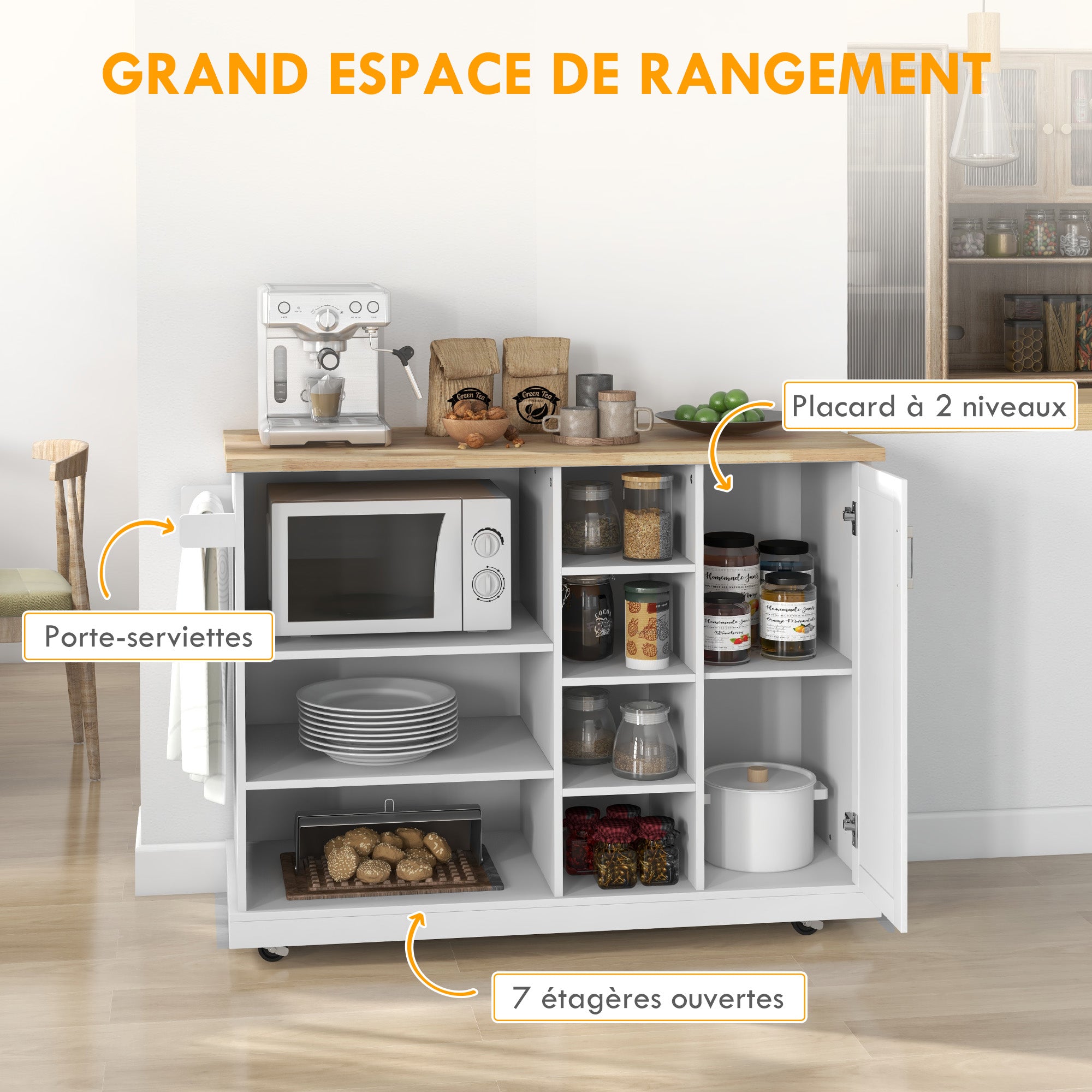 Kitchen Island Trolley, Rolling Cart, Kitchen Cart, 7 Open Compartments, 1 Cupboard 1 Door, 129 x 51 x 93 cm, Wood and White