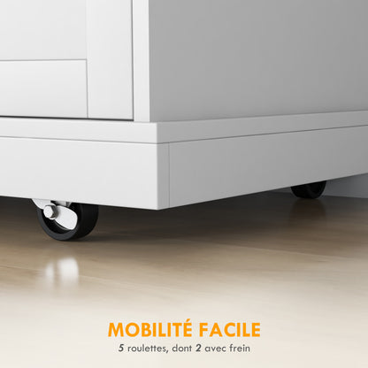 Kitchen Island Trolley, Rolling Cart, Kitchen Cart, 7 Open Compartments, 1 Cupboard 1 Door, 129 x 51 x 93 cm, Wood and White