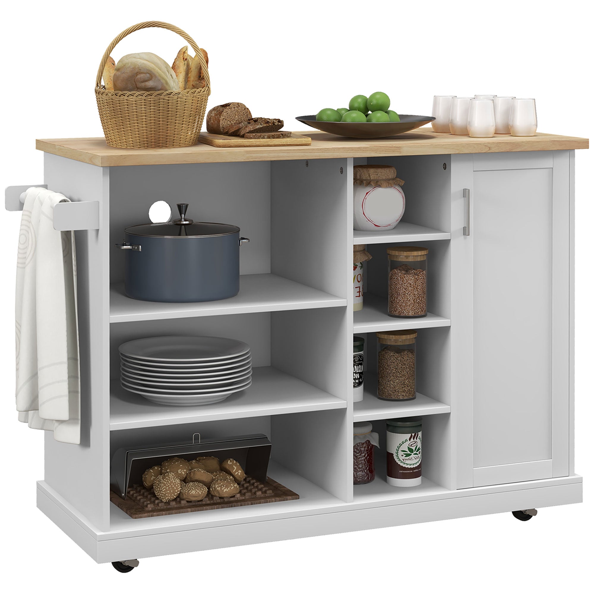 Kitchen Island Trolley, Rolling Cart, Kitchen Cart, 7 Open Compartments, 1 Cupboard 1 Door, 129 x 51 x 93 cm, Wood and White