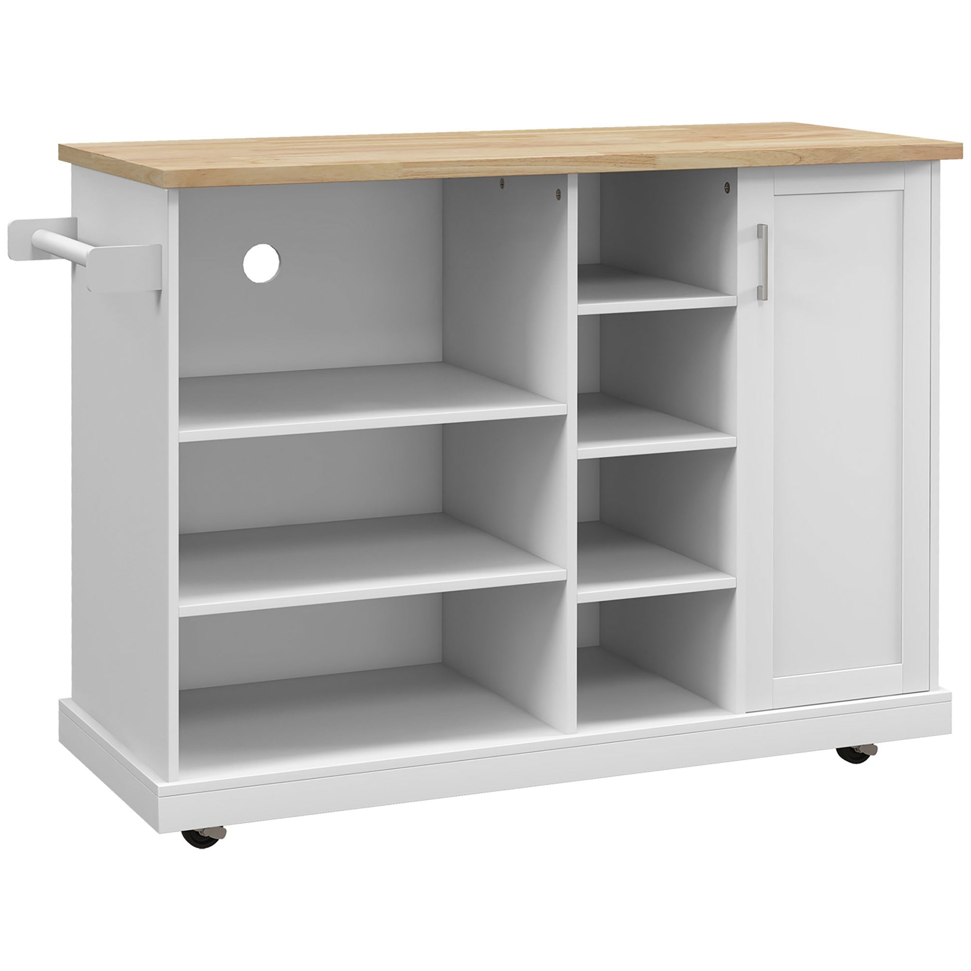 Kitchen Island Trolley, Rolling Cart, Kitchen Cart, 7 Open Compartments, 1 Cupboard 1 Door, 129 x 51 x 93 cm, Wood and White