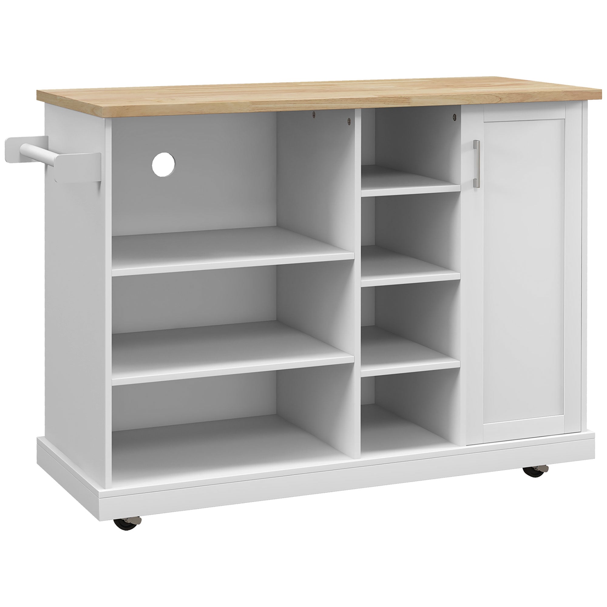 Kitchen Island Trolley, Rolling Cart, Kitchen Cart, 7 Open Compartments, 1 Cupboard 1 Door, 129 x 51 x 93 cm, Wood and White