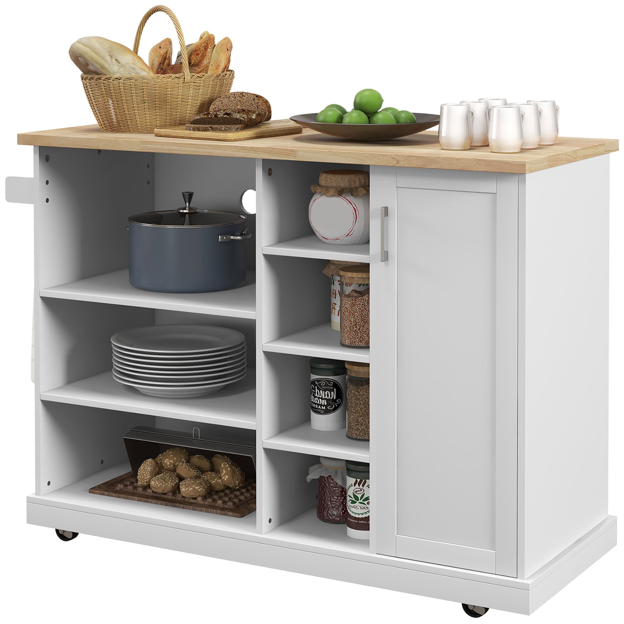 Kitchen Island Trolley, Rolling Cart, Kitchen Cart, 7 Open Compartments, 1 Cupboard 1 Door, 129 x 51 x 93 cm, Wood and White