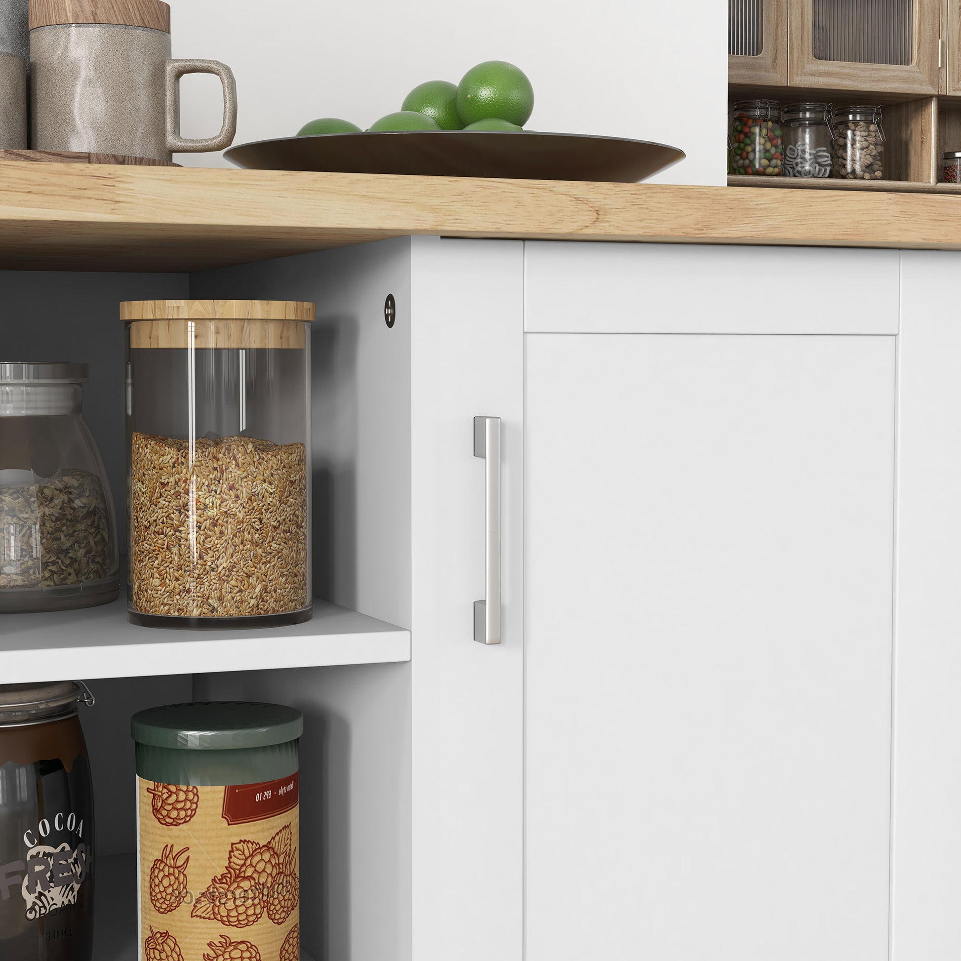 Kitchen Island Trolley, Rolling Cart, Kitchen Cart, 7 Open Compartments, 1 Cupboard 1 Door, 129 x 51 x 93 cm, Wood and White