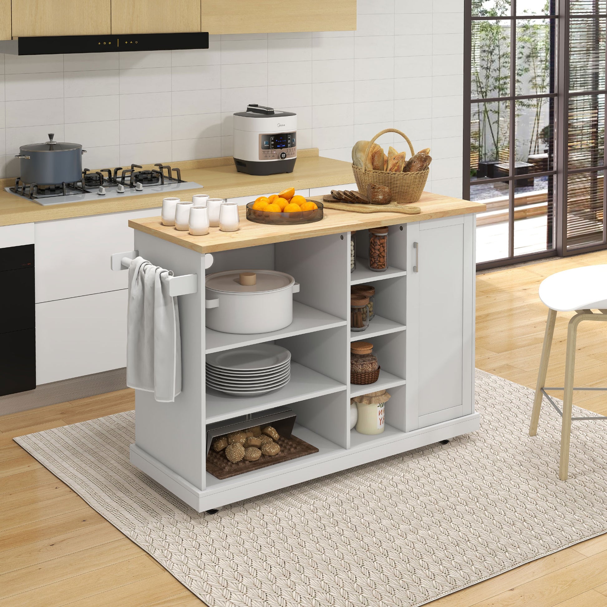 Kitchen Island Trolley, Rolling Cart, Kitchen Cart, 7 Open Compartments, 1 Cupboard 1 Door, 129 x 51 x 93 cm, Wood and White