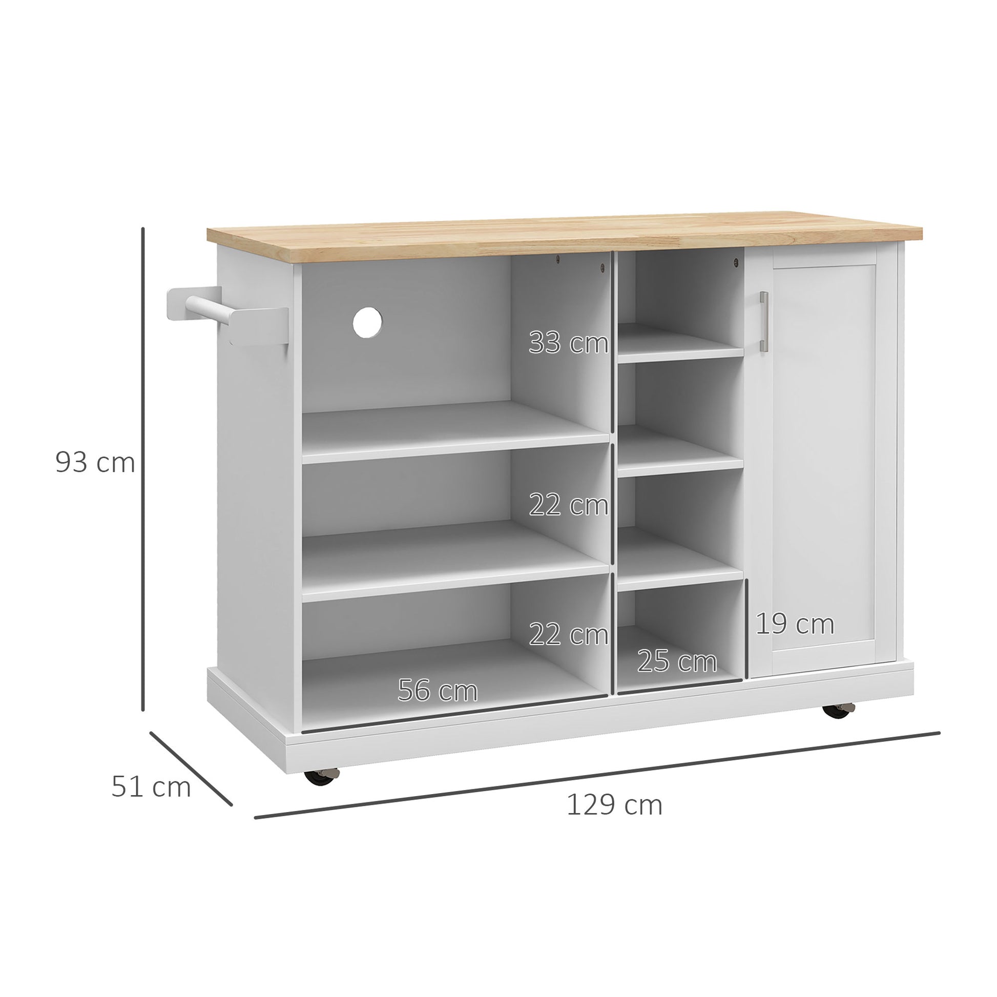 Kitchen Island Trolley, Rolling Cart, Kitchen Cart, 7 Open Compartments, 1 Cupboard 1 Door, 129 x 51 x 93 cm, Wood and White
