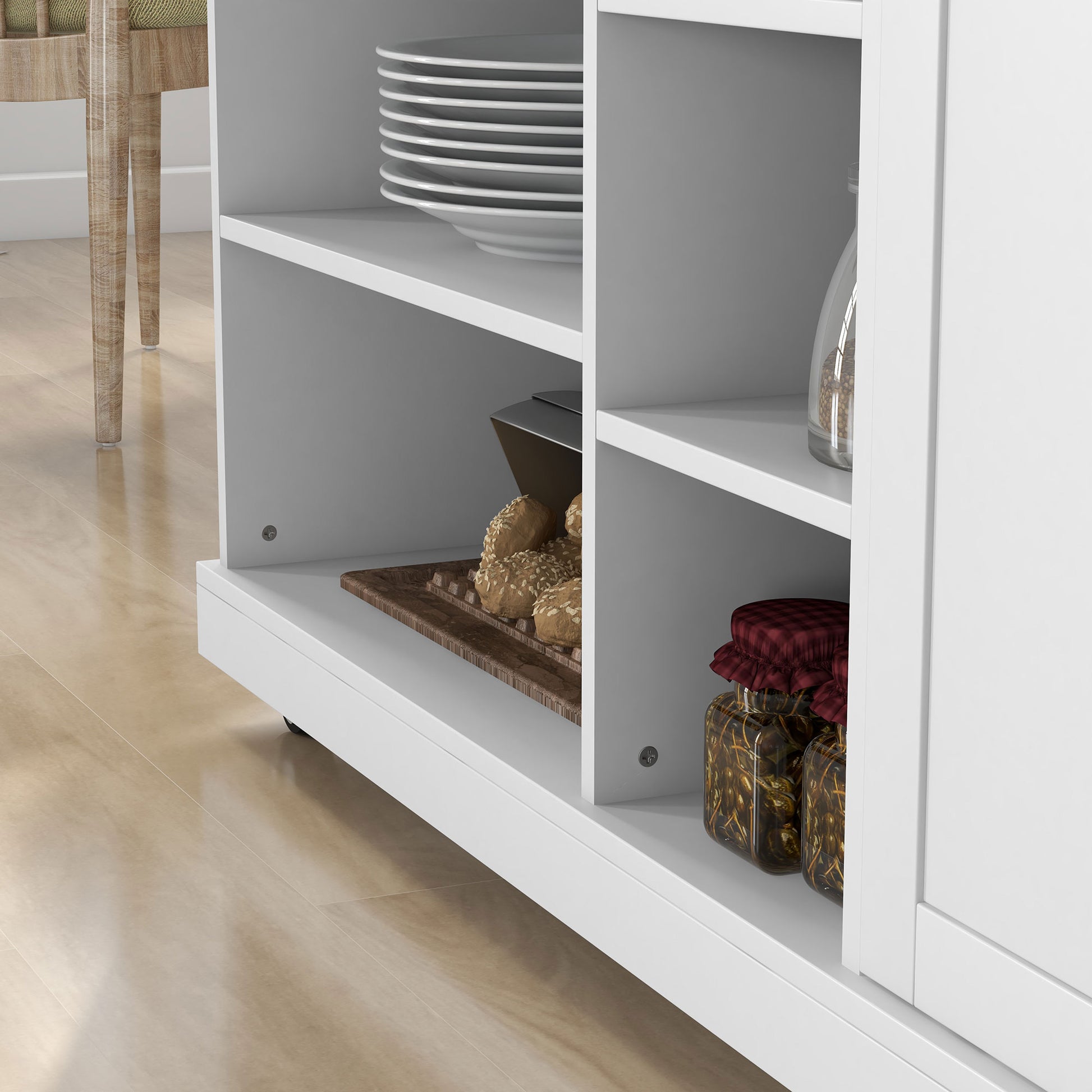 Kitchen Island Trolley, Rolling Cart, Kitchen Cart, 7 Open Compartments, 1 Cupboard 1 Door, 129 x 51 x 93 cm, Wood and White