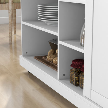 Kitchen Island Trolley, Rolling Cart, Kitchen Cart, 7 Open Compartments, 1 Cupboard 1 Door, 129 x 51 x 93 cm, Wood and White