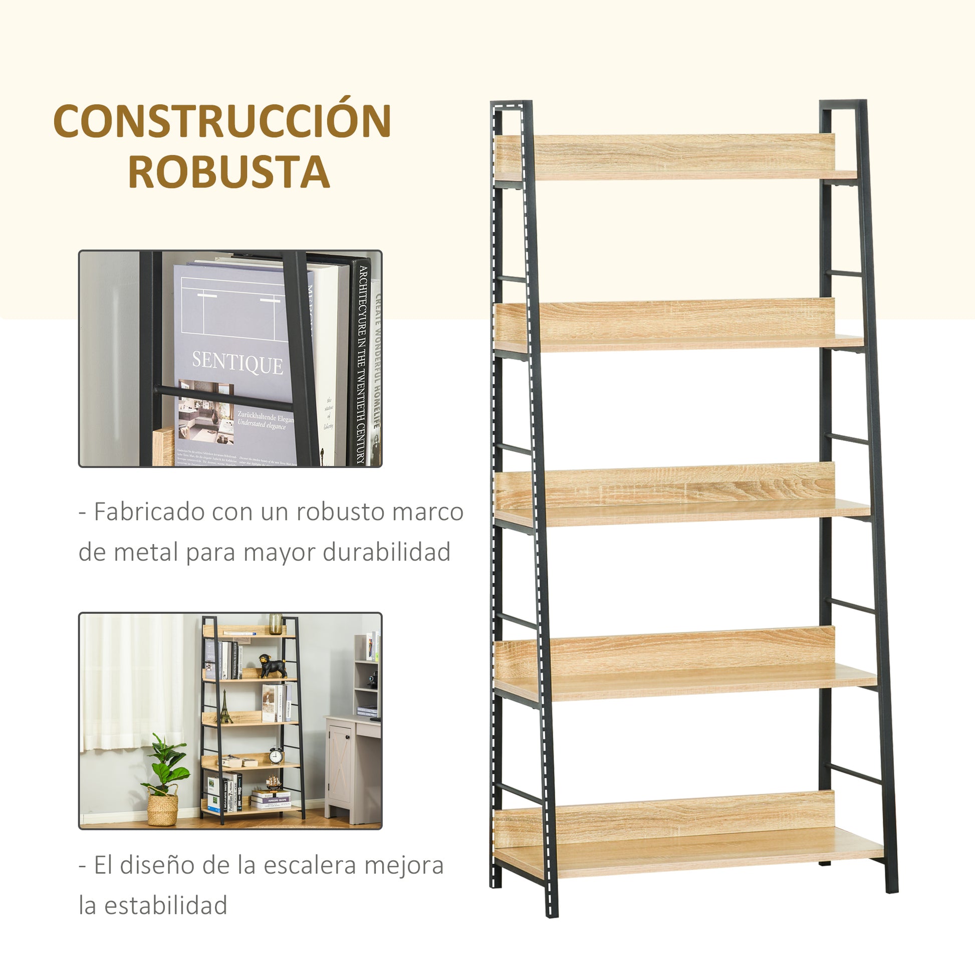 5-Level Bookcase Living Room Shelf Bookshelf with Metal Frame 25 kg Load Capacity for Office Study 70x35x149.5 cm Natural