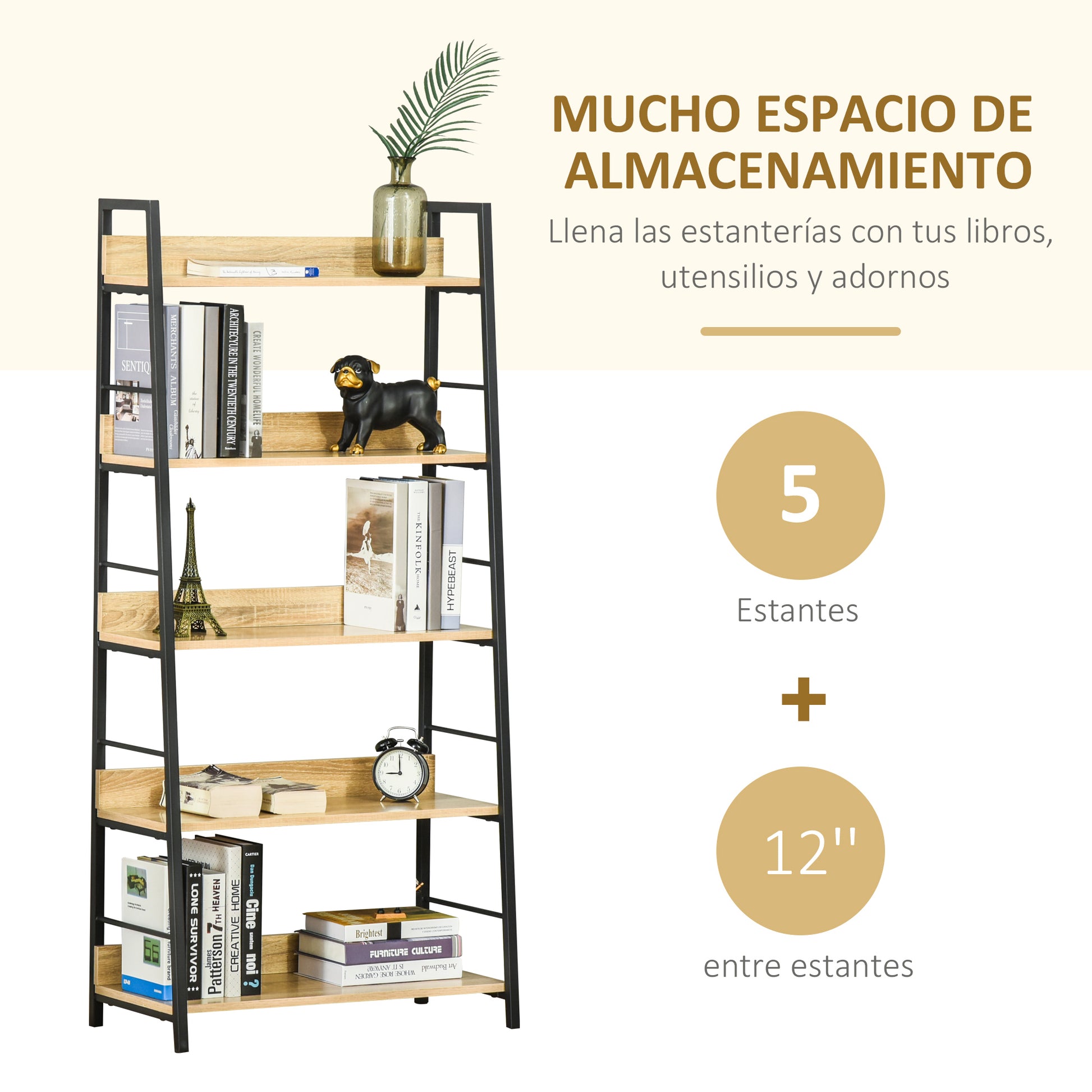 5-Level Bookcase Living Room Shelf Bookshelf with Metal Frame 25 kg Load Capacity for Office Study 70x35x149.5 cm Natural