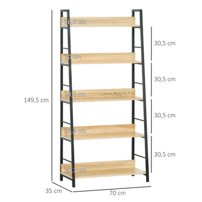 5-Level Bookcase Living Room Shelf Bookshelf with Metal Frame 25 kg Load Capacity for Office Study 70x35x149.5 cm Natural