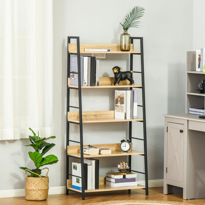 5-Level Bookcase Living Room Shelf Bookshelf with Metal Frame 25 kg Load Capacity for Office Study 70x35x149.5 cm Natural